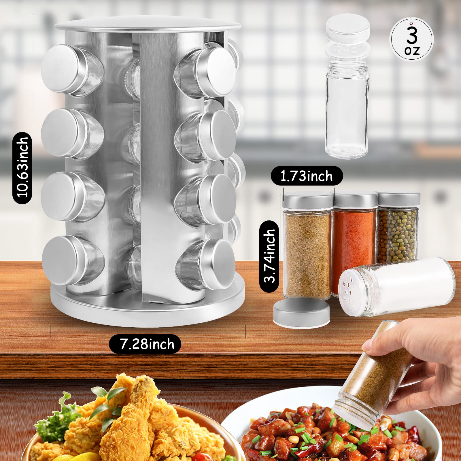WAYDA Rotating Spice Rack with 16 Jars, Revolving Spice Rack Organizer for Cabinet, Seasoning Organizer Stainless Steel Kitchen