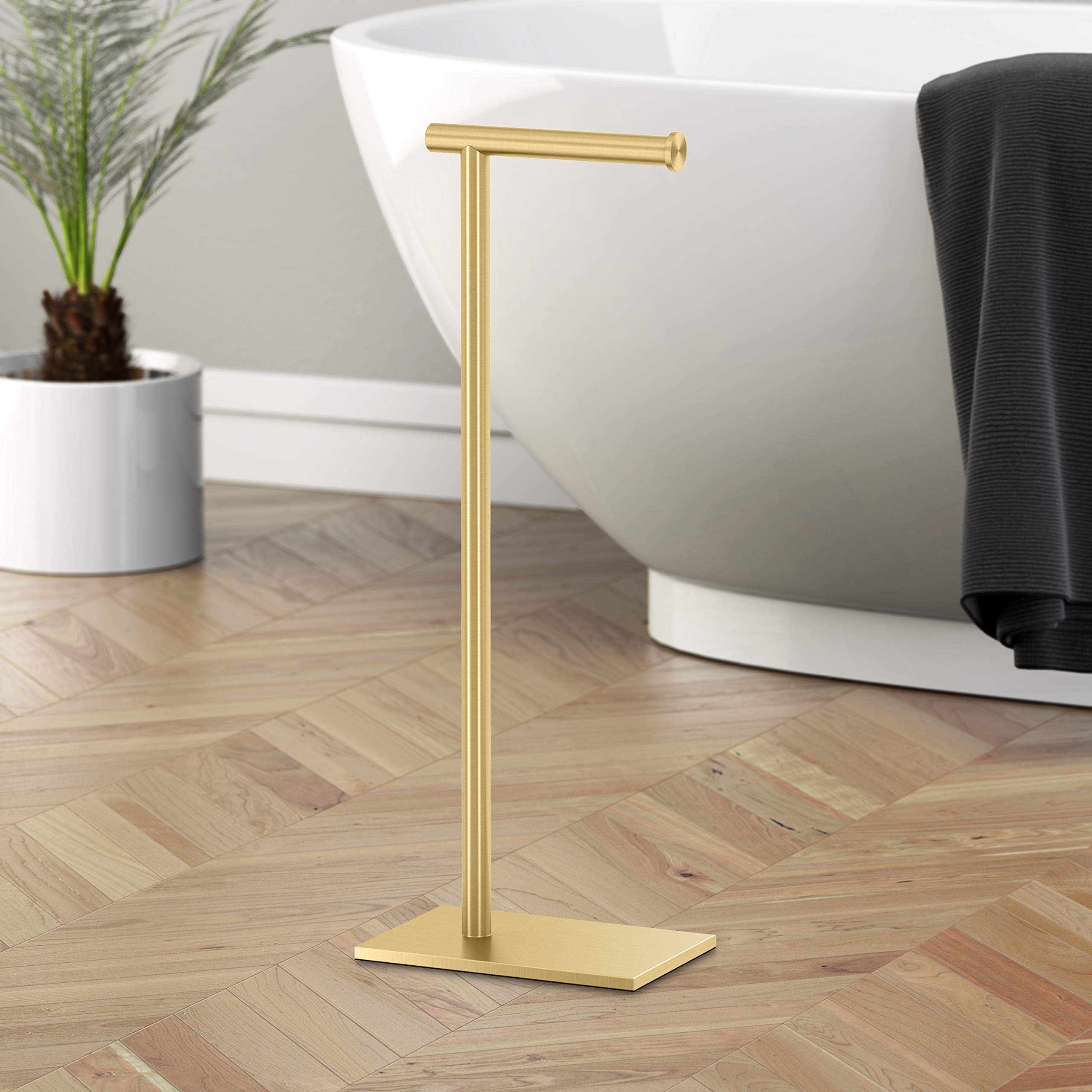 Gatco 1431B, Modern Rectangle Base Freestanding Toilet Paper Holder, 22.25   , Brushed Brass/Free Standing Toilet Tissue Holder