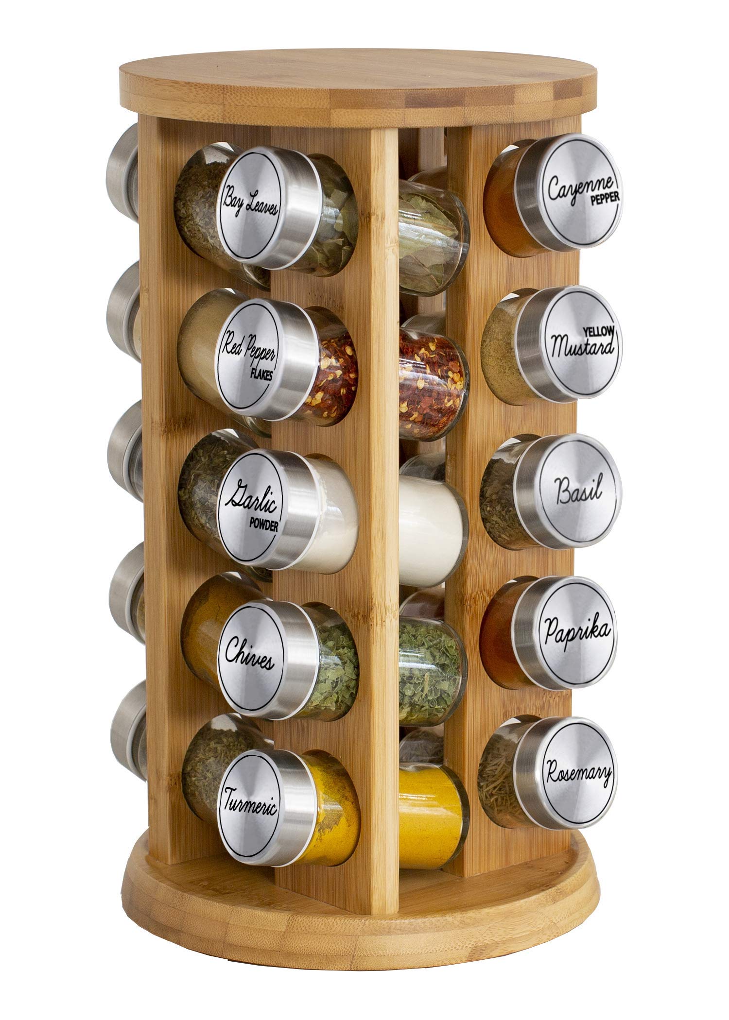 Orii 20 Jar Bamboo Spice Rack with Spices Included - Rotating Tower Organizer for Kitchen Spices and Seasonings, Free Spice Refi