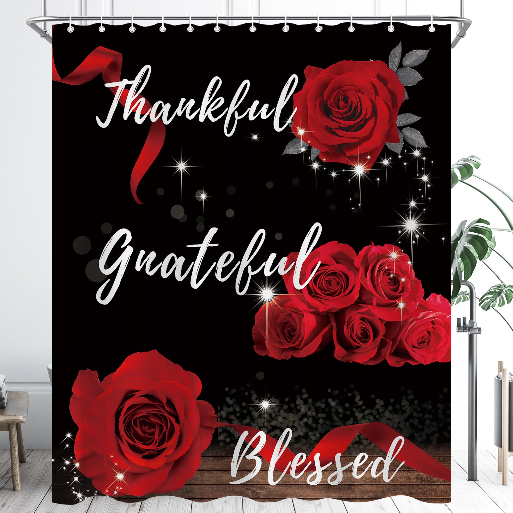 Oolygoo Red Rose Shower Curtain 60''X72'' Inspirational Thankful Grateful Blessed Shower Curtain Set For Bathroom Flower Wooden