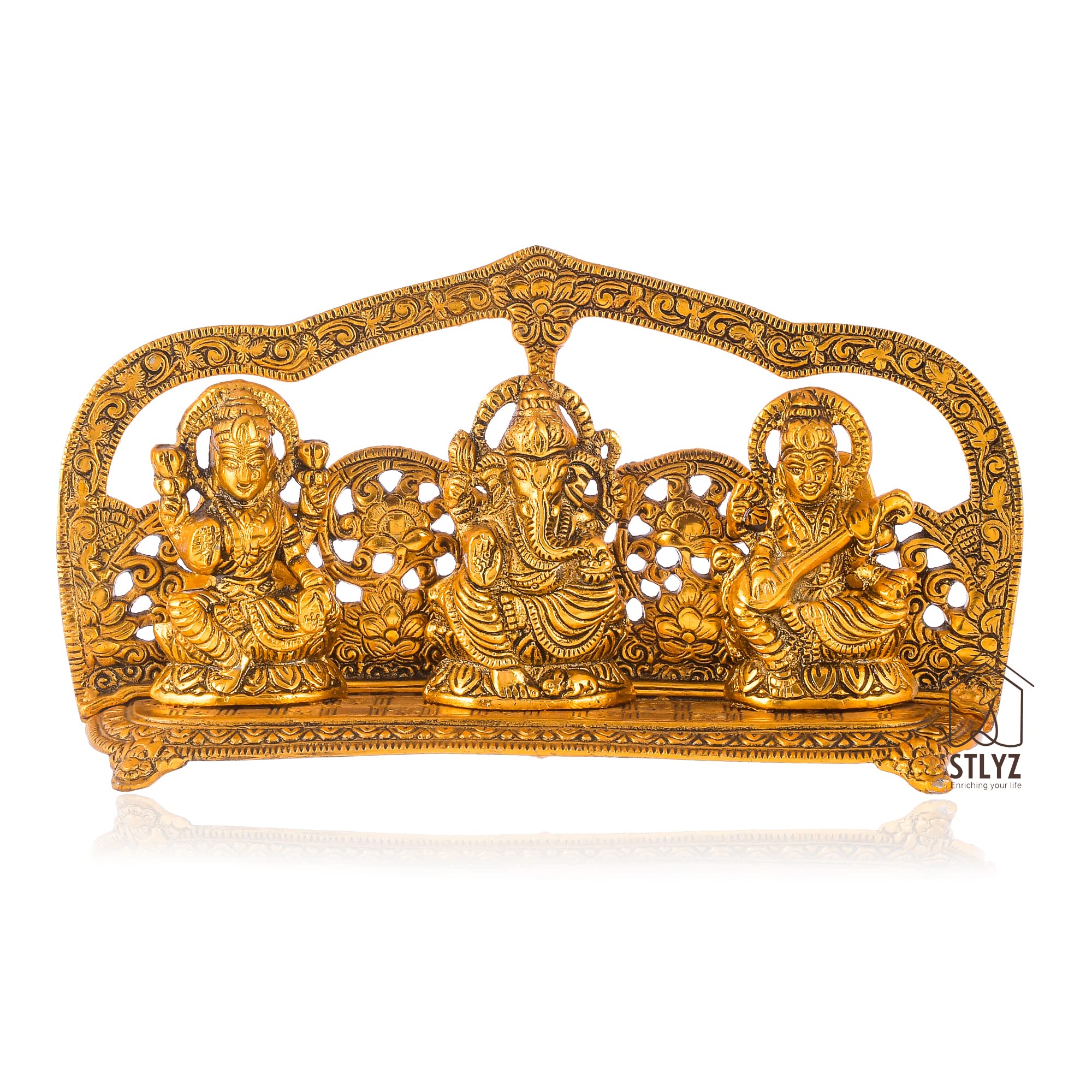 Stlyz Brass Laxmi Ganesh Saraswati Idol Statue Showpiece For Home Decor, Decorative Ganpati Laxmi Saraswati Ji Statue Murti Figu