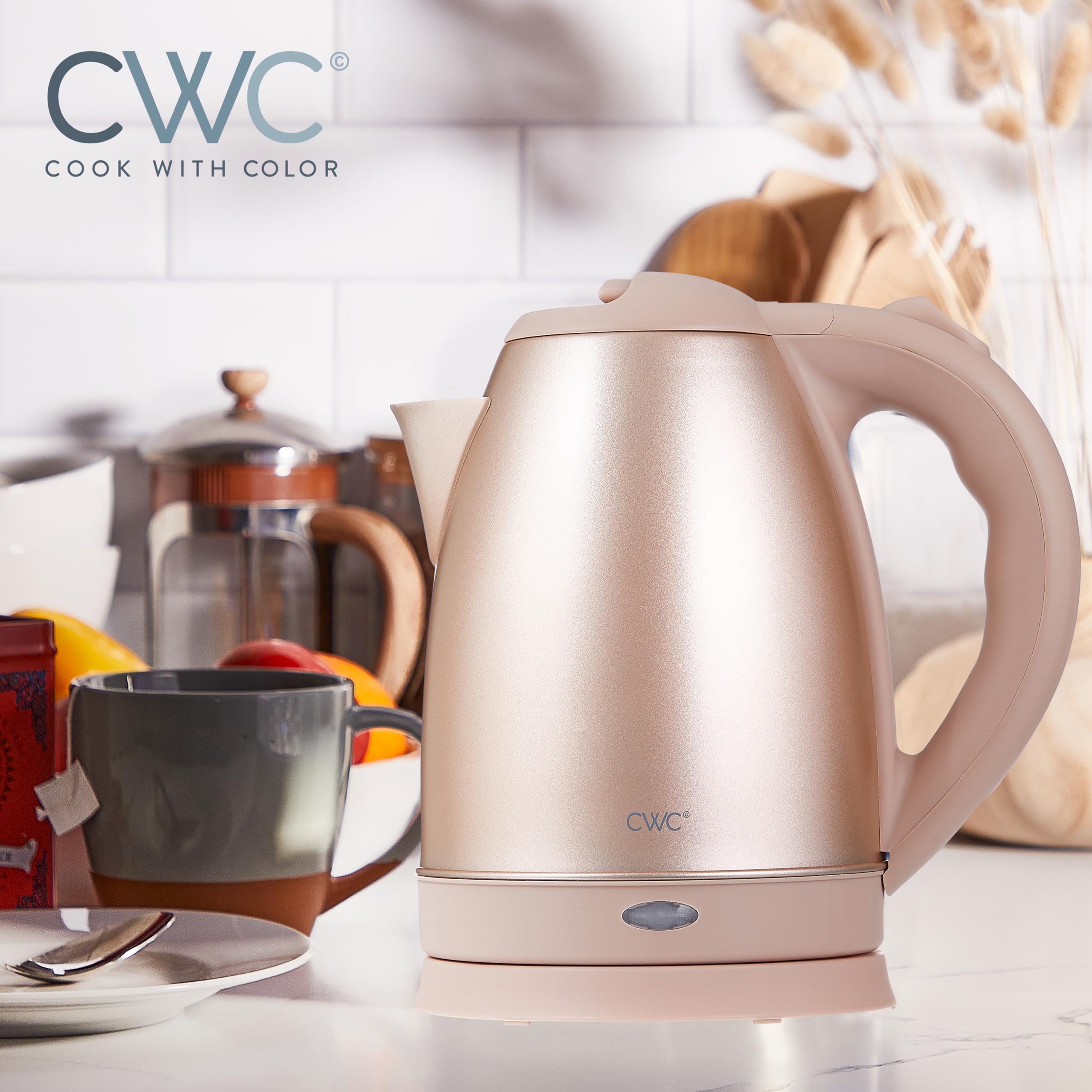 Cook With Color Electric Kettle - 1100W, 1.7L, Fast Boil, Auto Shut-Off, Swivel Base, Stainless Steel, Blush