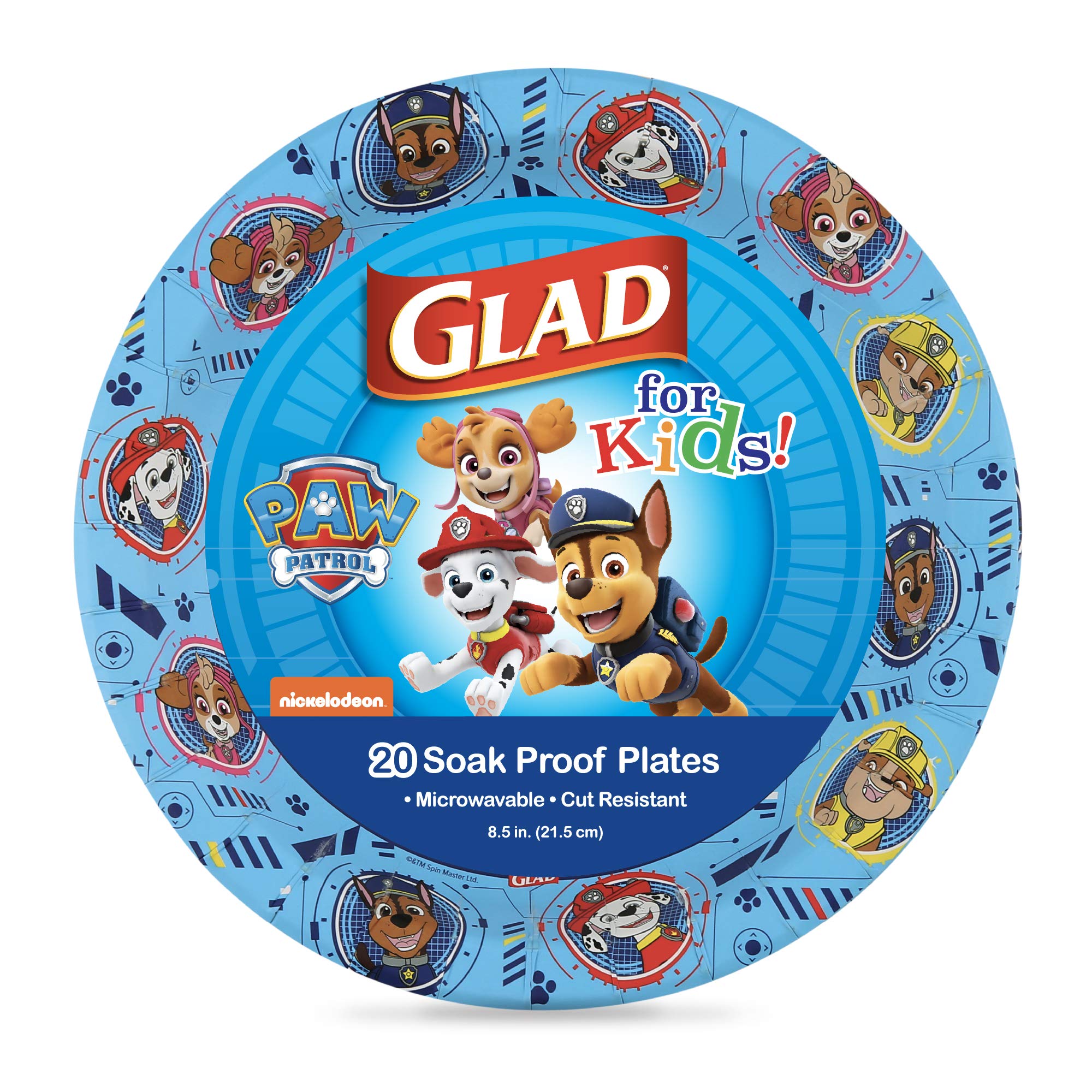 Glad For Kids Paw Patrol Paper Plates, 20 Count, 8.5 Inches | Disposable Paw Patrol Plates For Kids | Heavy Duty Disposable Soak