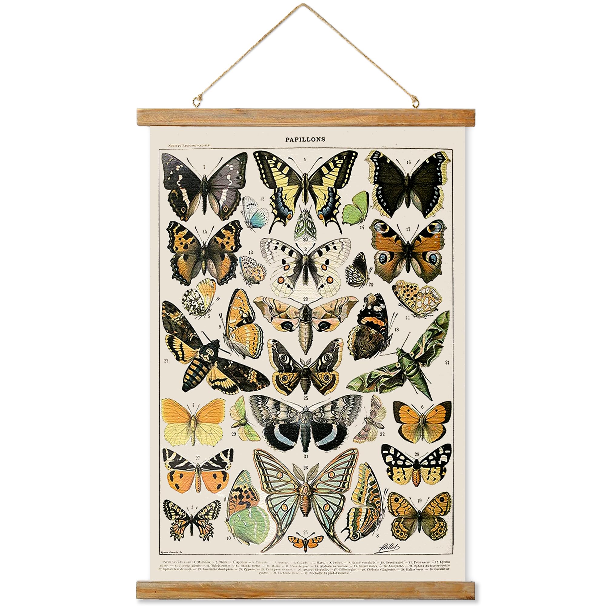 Ovfovy Vintage Butterflies Poster Hanger Frame, Retro Style Of Wall Art Prints, Printed On Linen With Natural Wooden Frames, Ill