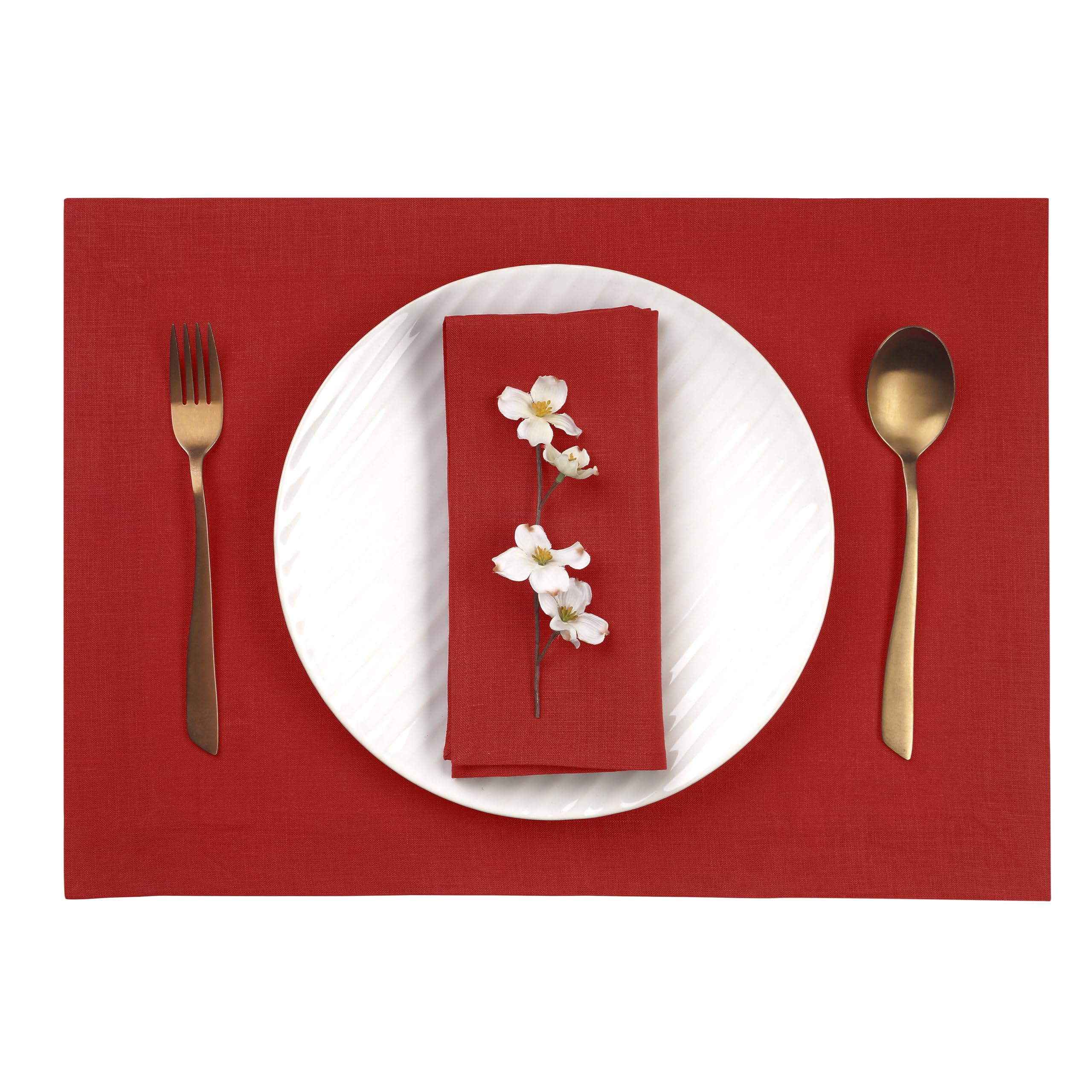 D'Moksha Homes Linen Placemats Set Of 4-100% Pure Linen Bright Red Placemats 14 X 19 Inch - Washable Bright Red Placemats For Ea
