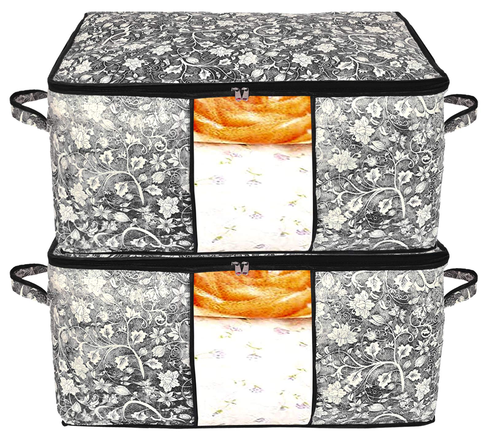 Kuber Industries Metallic Flower Print Non Woven Fabric Foldable Clothes Storage Bag Wardrobe Organizer With Sturdy Zipper, Clea