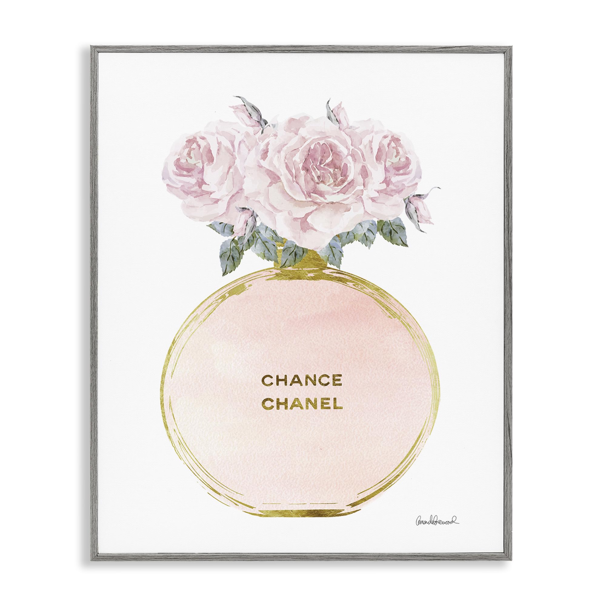 Stupell Industries Pink and Gold Round Perfume Bottle with Roses, Framed Giclee Art, Gray, 16 x 20 Inches, Easy to Hang and St