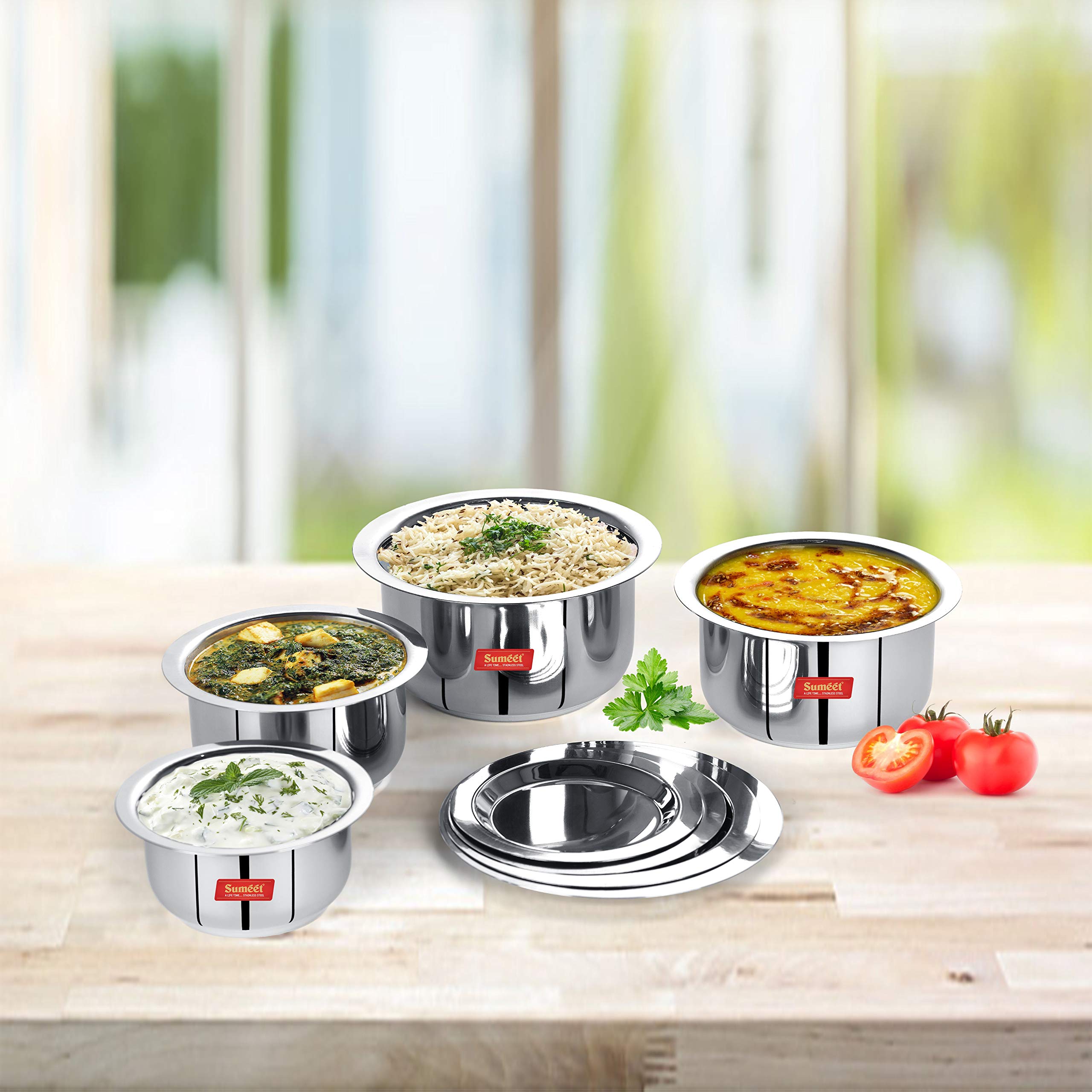 Sumeet Stainless Steel Mini to Small Size Flat Bottom Induction & Gas Stove Friendly Tope/Patila/Cookware Set of 4Pcs with Lids