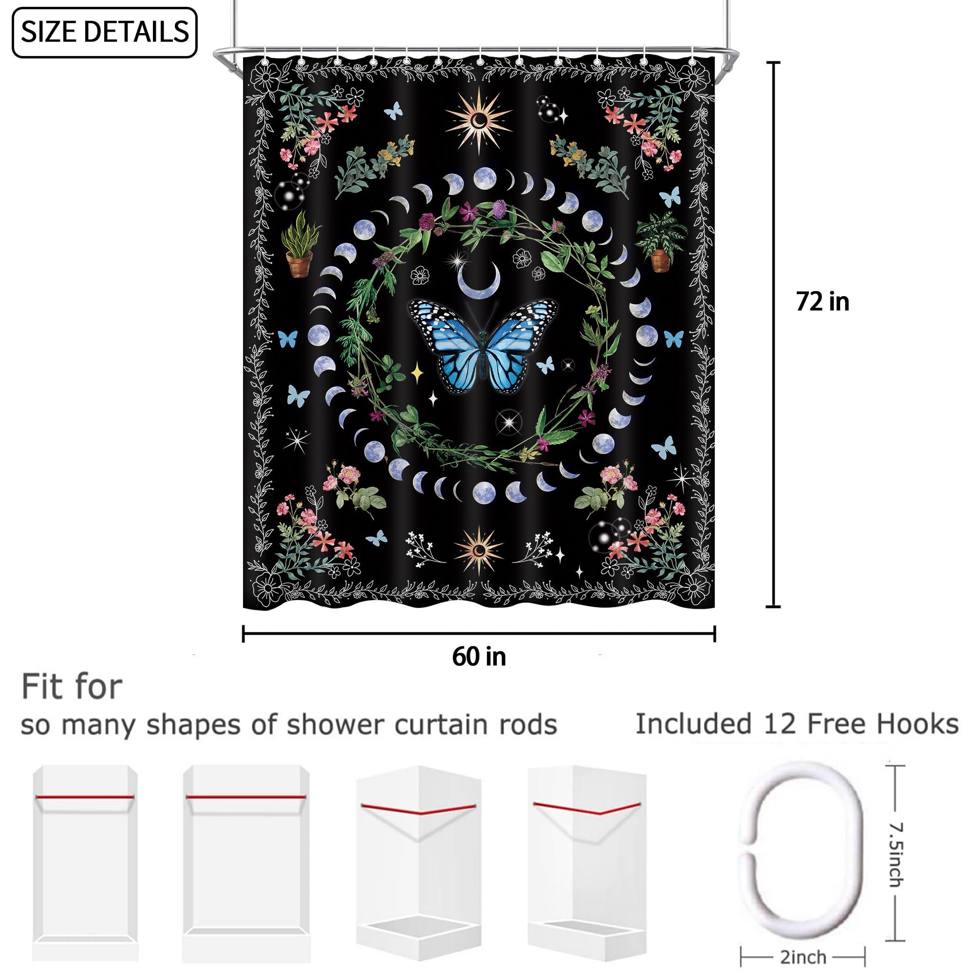 Oolygoo Witchy Boho Butterfly Shower Curtain 60''X72'' Moth Sun And Moon Phase Shower Curtain For Bathroom Hippie Flower Plant G