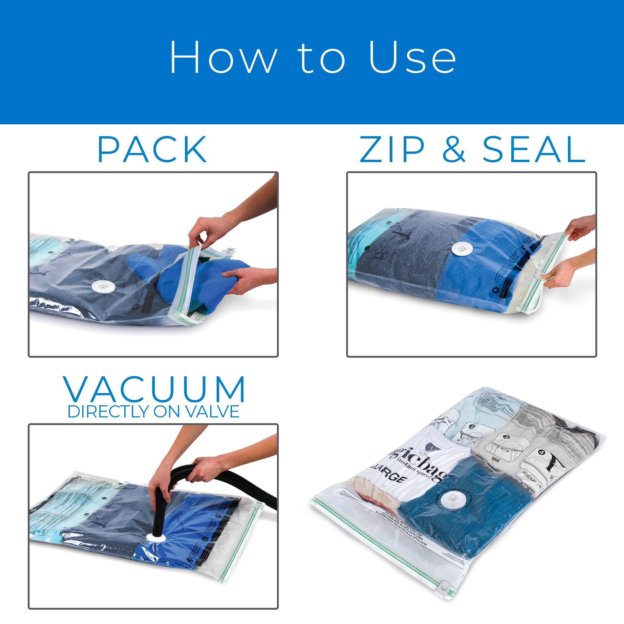 MagicBag 6-Pack Large Flat Vacuum Compression Bags Instant Space Saving Storage - Airtight Double Zipper - Clothing  Pillows  Bedding  Linens  Blankets  Coats - Home Organization and Storage