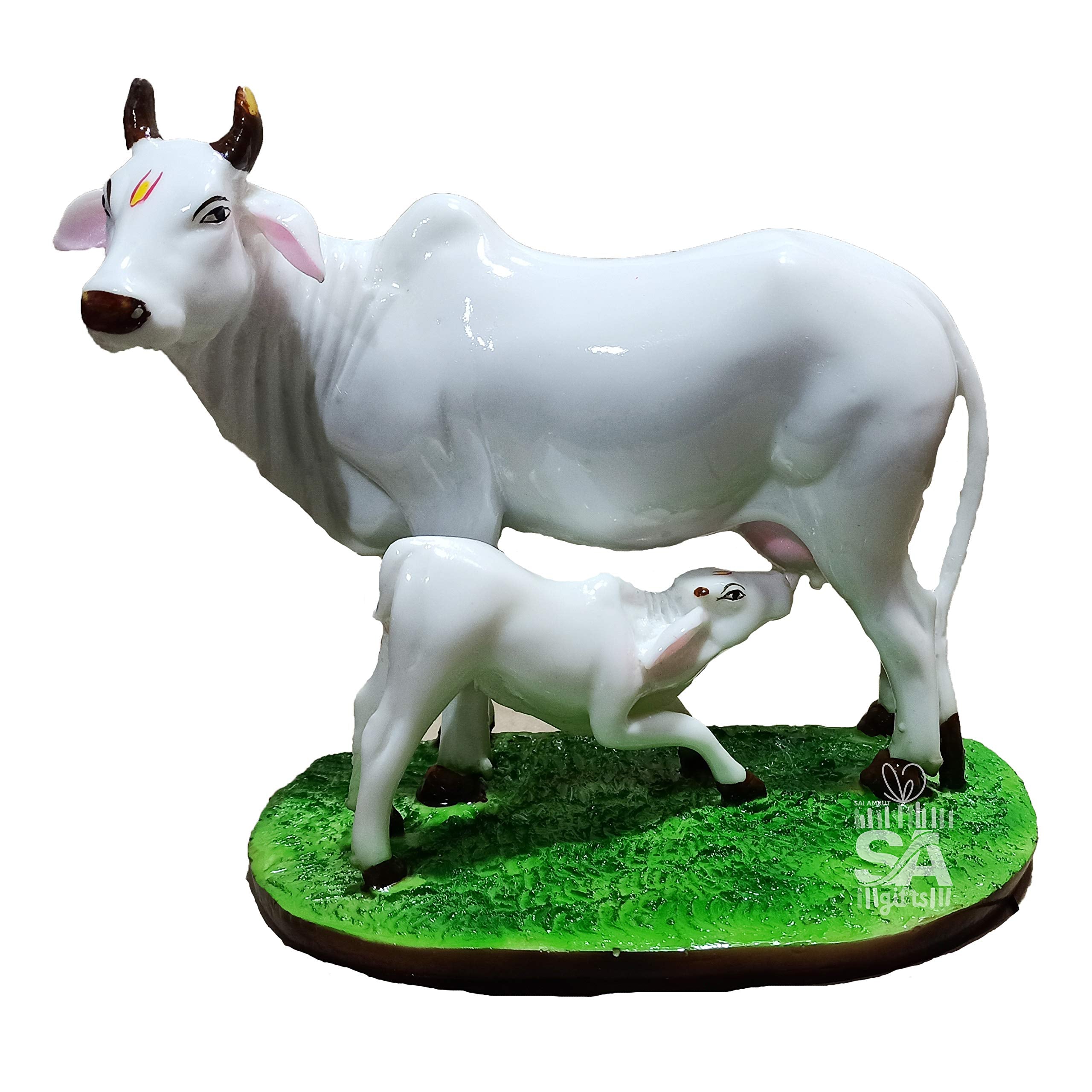 S A Gifts Sai Amrut Handicraft Decorative Polystone Cow And Calf Big Statue/Idol For Gift Home Decor 7 Inch (Marble Cow), White