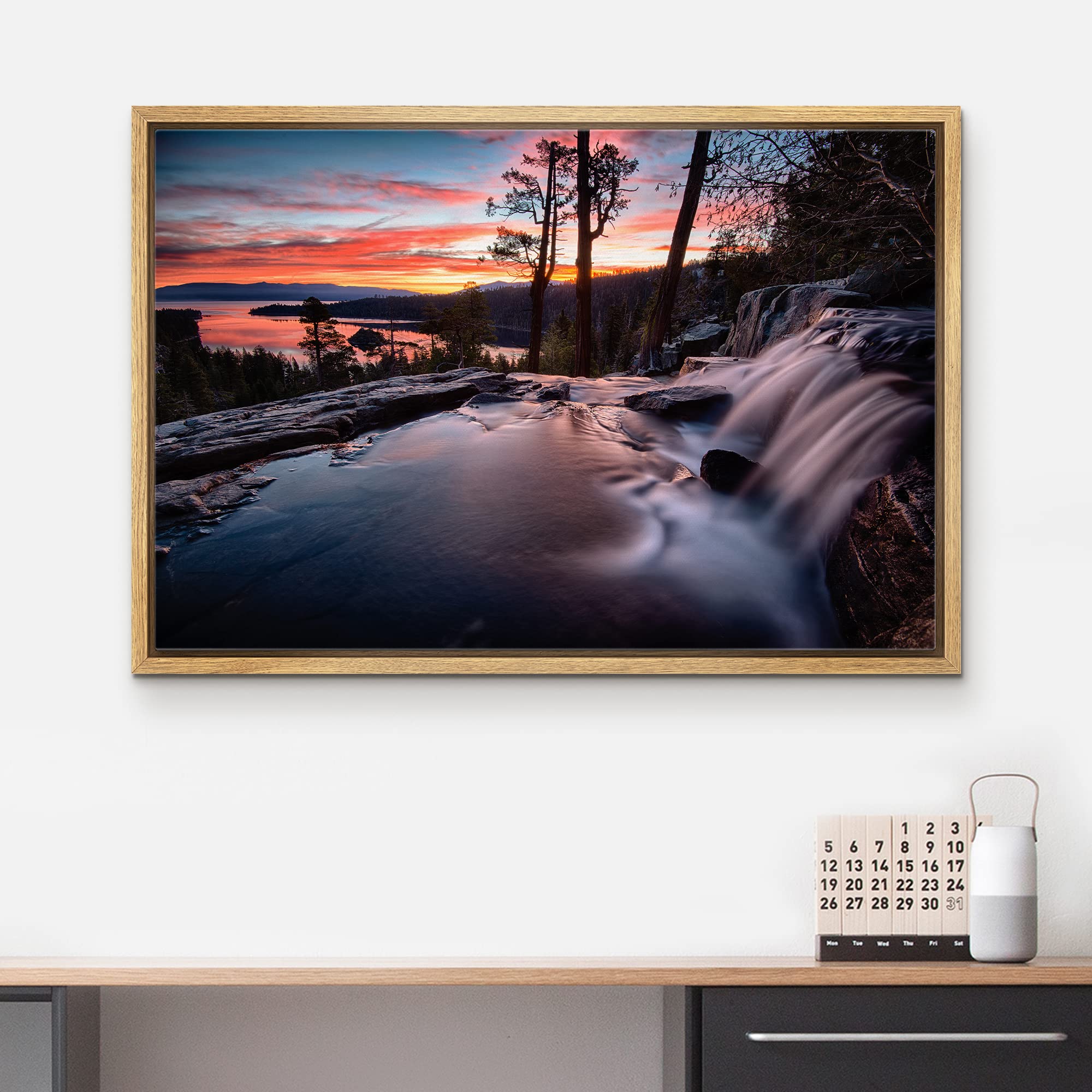 wall26 Framed Canvas Print Wall Art Water Rushes Over Lake at Sunset Nature Wilderness Photography Modern Rustic Scenic Multicolor Colorful for Living Room  Bedroom  Office - 24''x36'' Natural