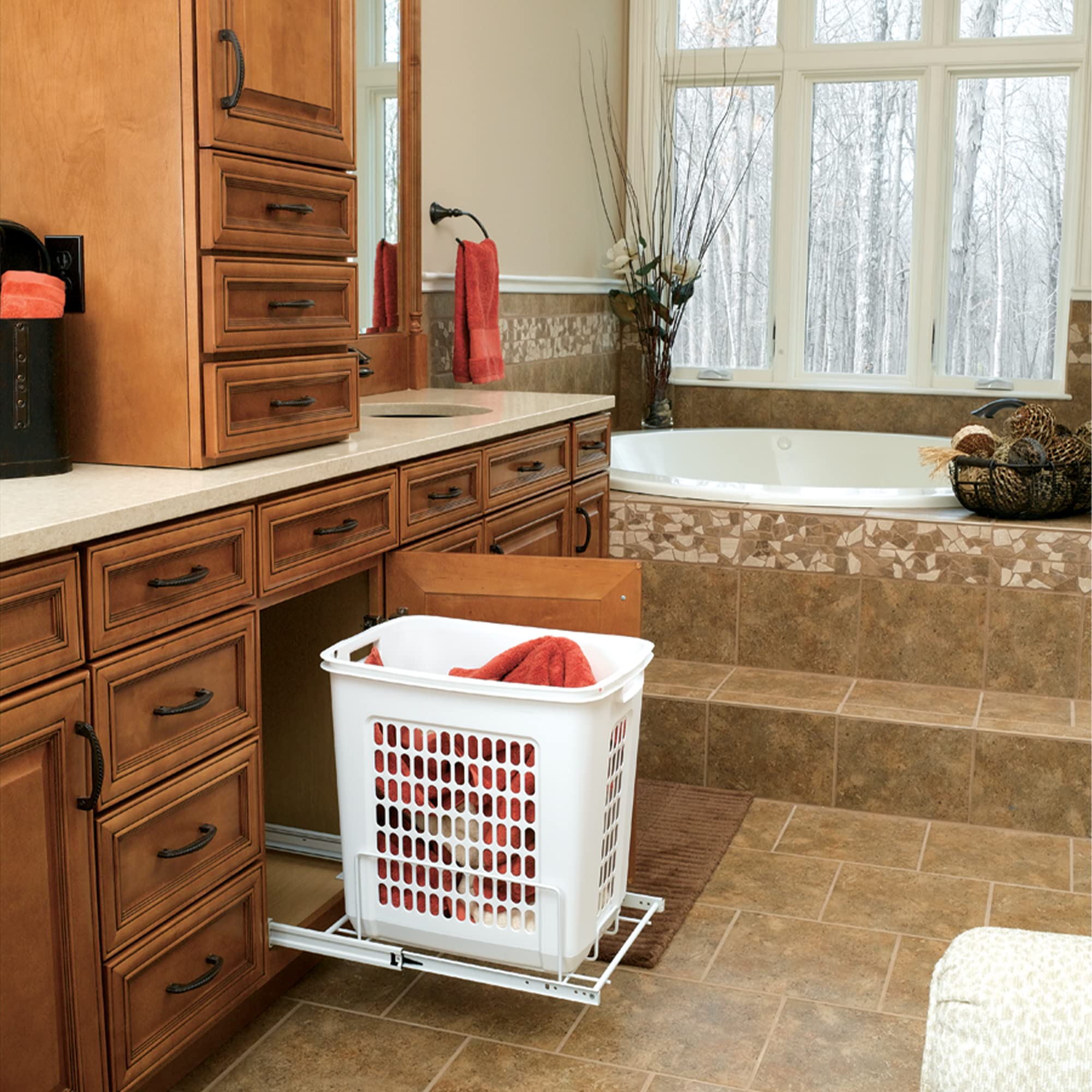 Rev-A-Shelf Pull Out 20'' Deep Cabinet Floor Steel Mounted Polymer Plastic Clothes Laundry Hamper w/Full Extension Slides  White  HPRV-15020 S