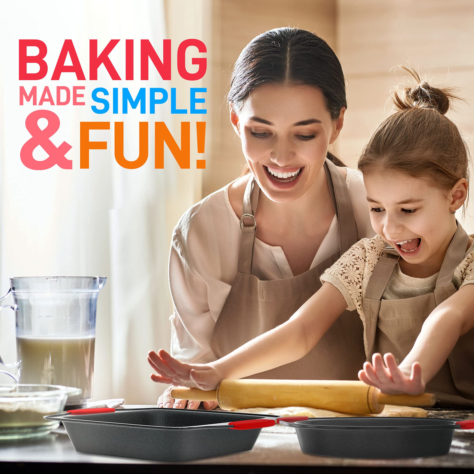 Nutrichef 6-Piece Nonstick Bakeware Set - Carbon Steel Baking Tray Set W/ Heatsafe Red Silicone Handles, Oven Safe Up To 450F, L