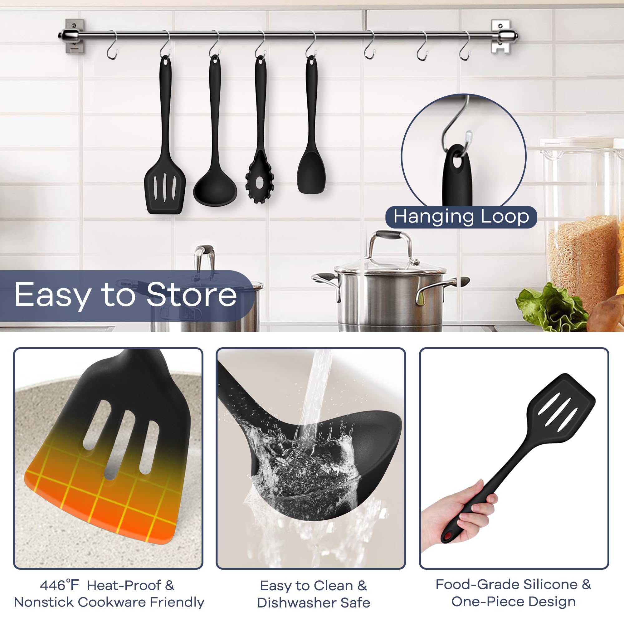 Teamfar Silicone Cooking Utensil Set Of 7, Black Kitchen Nonstick Tools Turner Spoon Spatula Ladle Pasta Server For Nonstick Coo