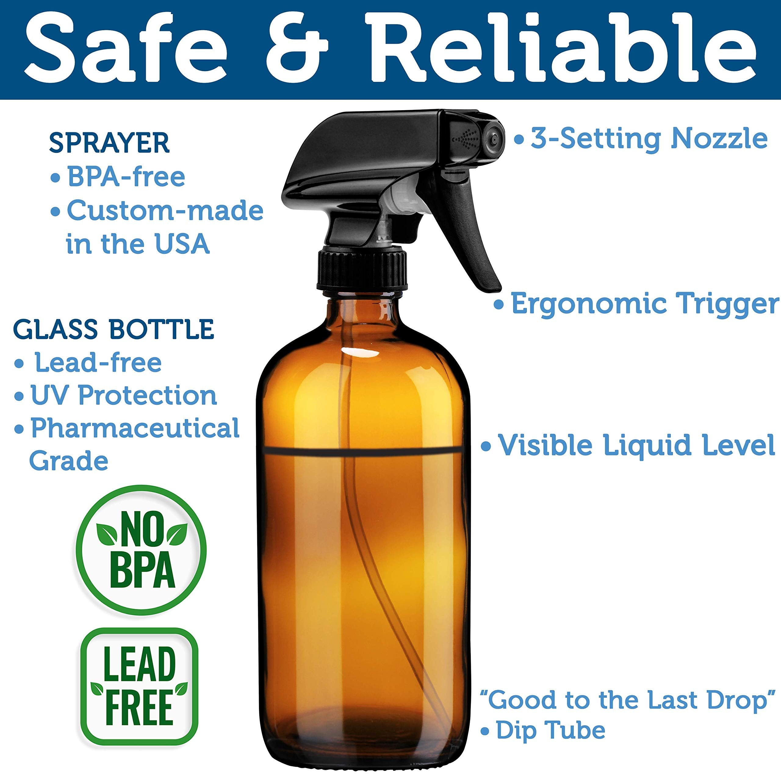 Sally's Organics Empty Amber Glass Spray Bottle - Large 16 oz Refillable Container for Essential Oils  Cleaning Products  or Aromatherapy - Black Trigger Sprayer w/Mist and Stream Settings - 6 Pack