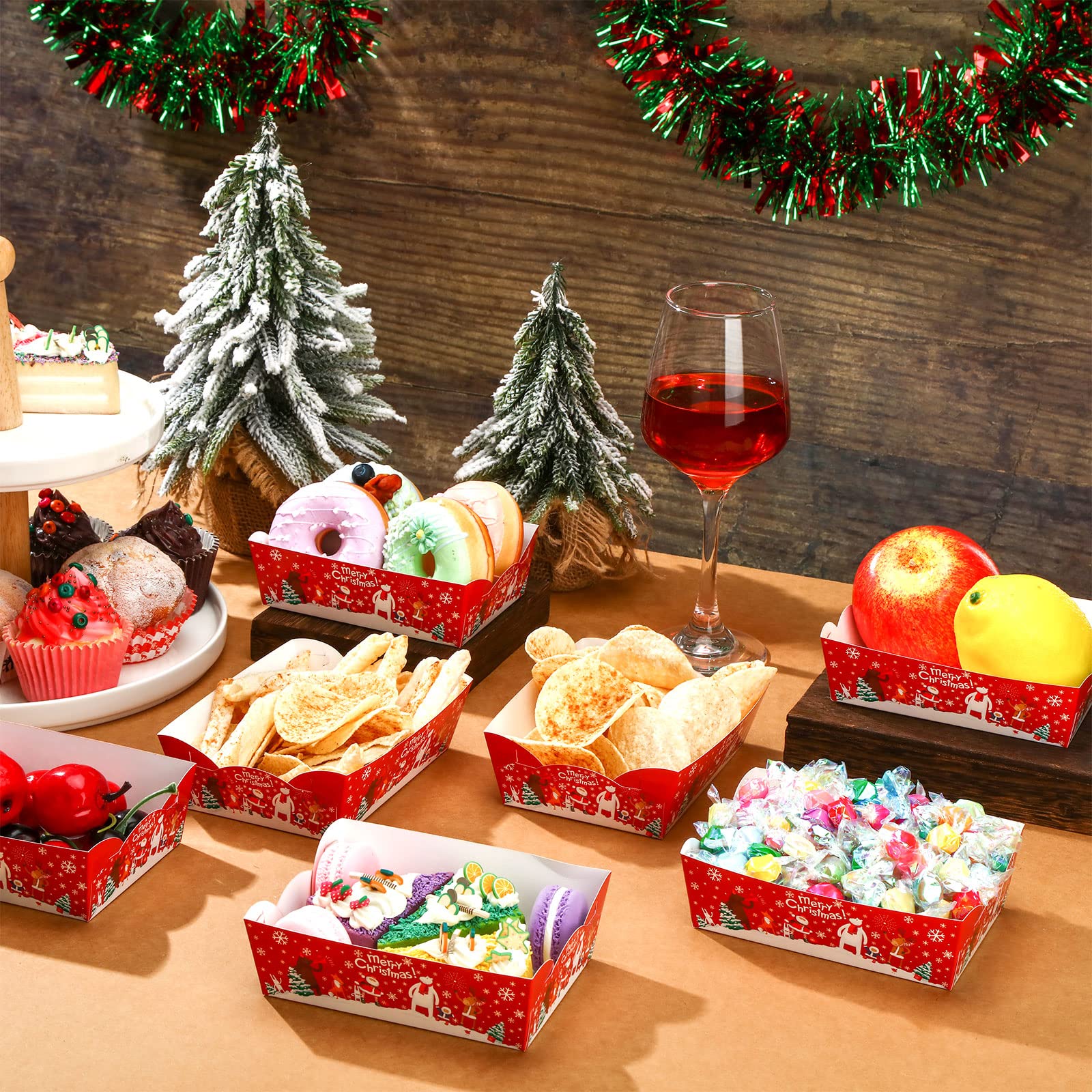 Cunhill 60 Pack Christmas Party Supplies Christmas Plates Paper Serving Tray Paper Food Boats Food Tray For Concession, Condimen