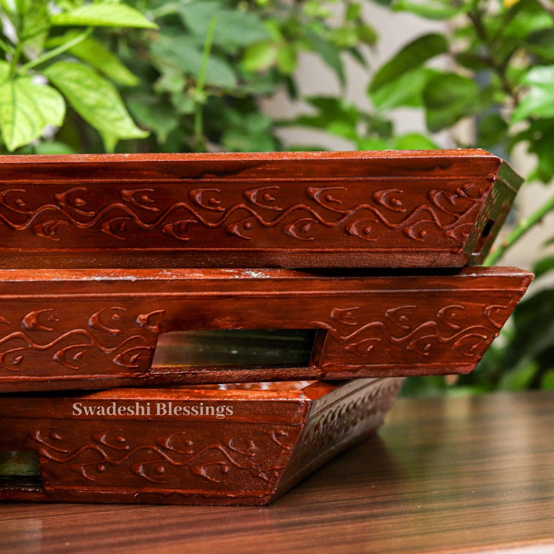 Swadeshi Blessings Wooden Serving Tray Set- Handcrafted & Hand-Painted For Kitchen/Table & Home Decor/Dinning/Gifts/Restaurants/