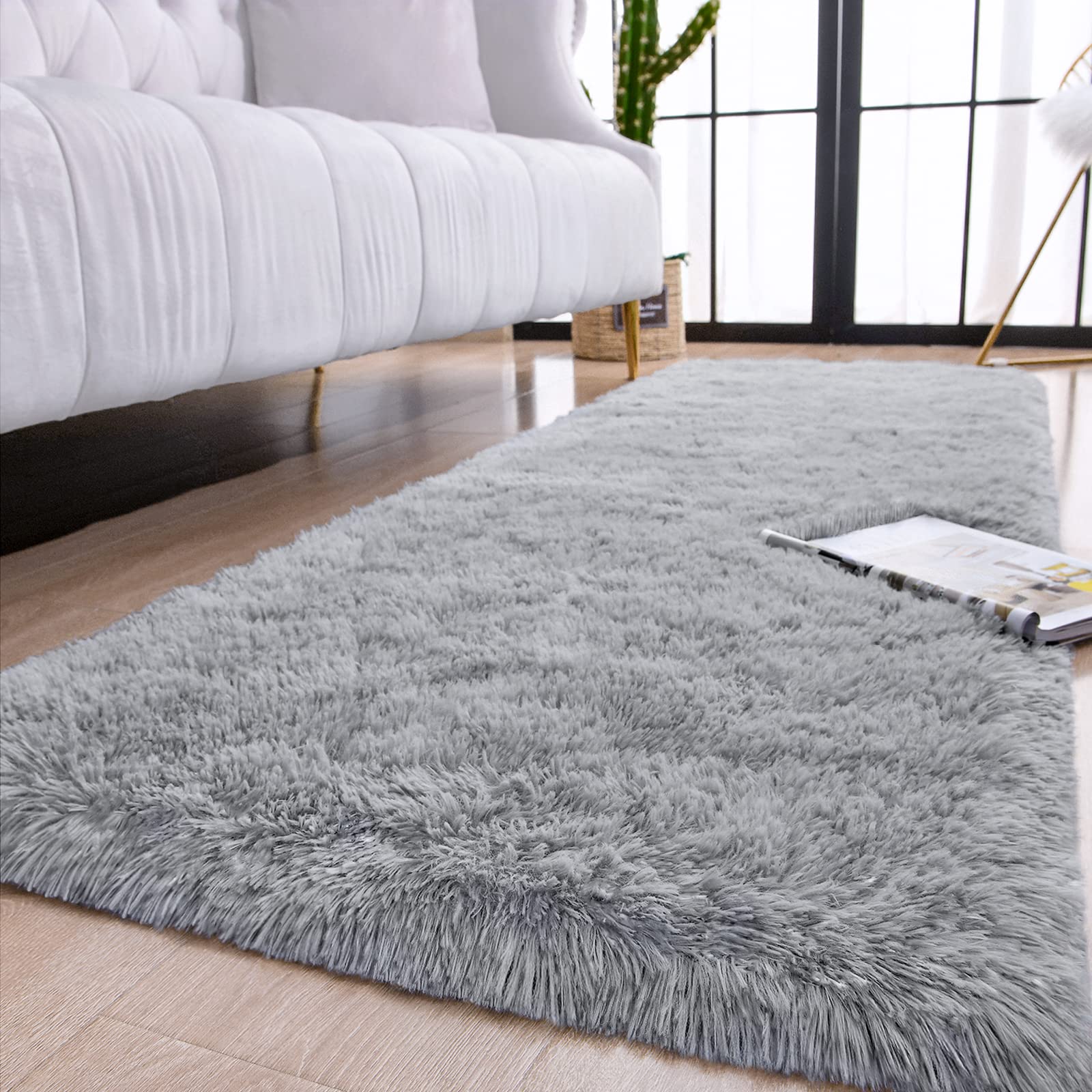 Keeko Fluffy Rugs for Bedroom Living Room, 2x6 Grey Bedside Runner Rug Indoor Non Slip Plush Fuzzy Rug Ultra Soft Cute Washable 