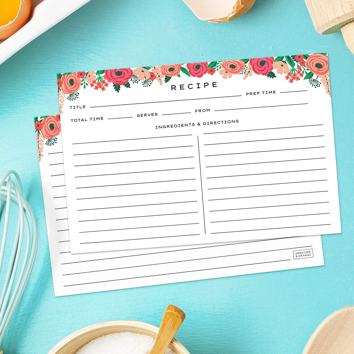 Sweetzer & Orange 4X6 Recipe Cards. Set Of 50X Floral, Blank Recipe Cards 4X6 Inches Double Sided. Large Recipe Index Card Fits