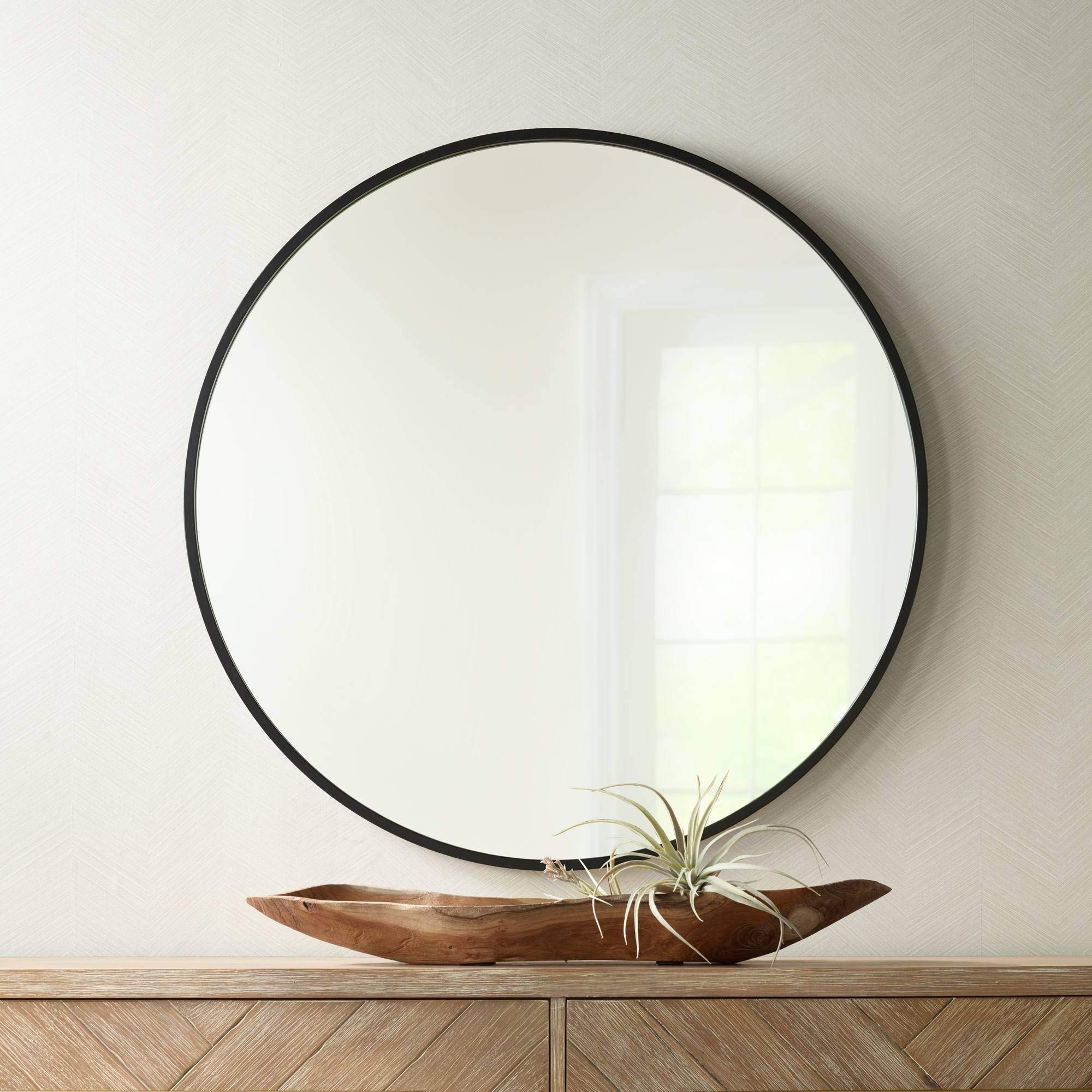 Uttermost Mayfair Round Vanity Decorative Wall Mirror Modern Matte Black Thin Streamlined Metal Frame 34 Wide for Bathroom Bedro