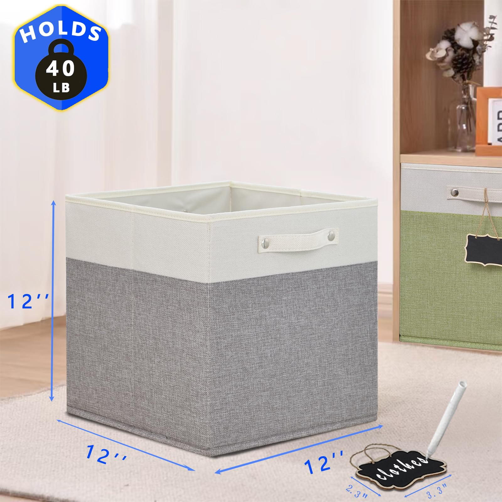 12X12 Storage Cube Bins 4 Pack,Collapsible Fabric Storage Cubes With Labels,Linen Cube Storage Organizer Bins With Cotton Handle