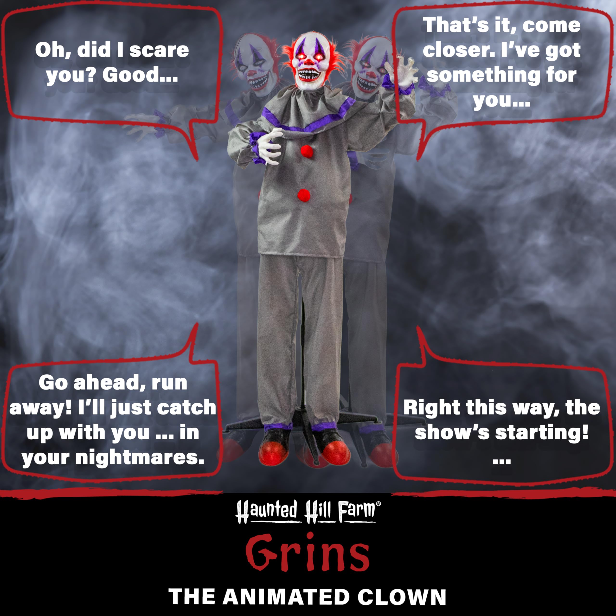 Haunted Hill Farm Life-Size Scary Talking Clown Halloween Animatronic with Motion and Touch Activated Lights and Sound, Battery