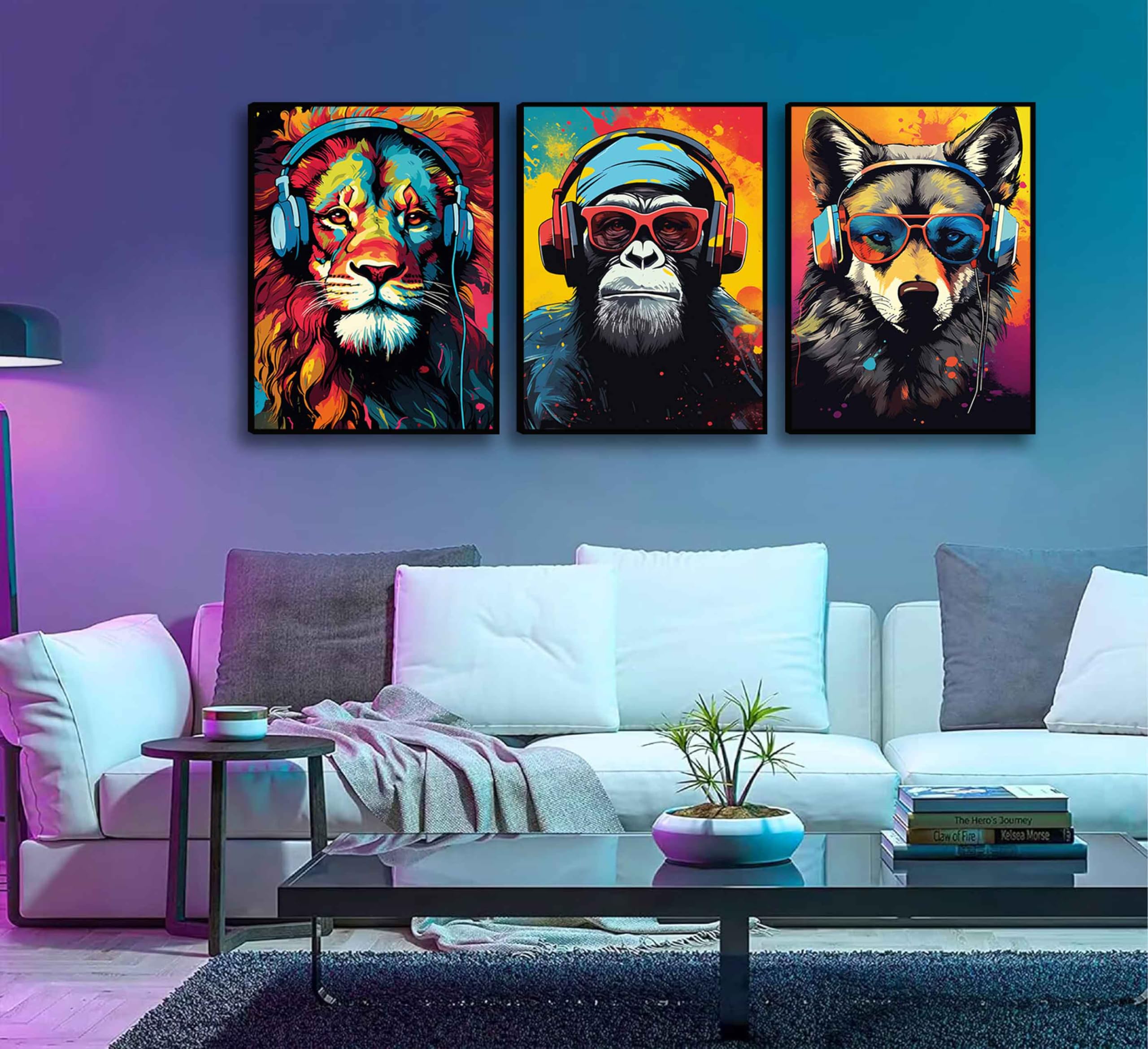 3Pcs Gaming Wall Art Animal Graffiti Posters Pictures With Headphones Sunglasses Gorilla Tiger Wolf Cool Gamer Canvas Prints Col