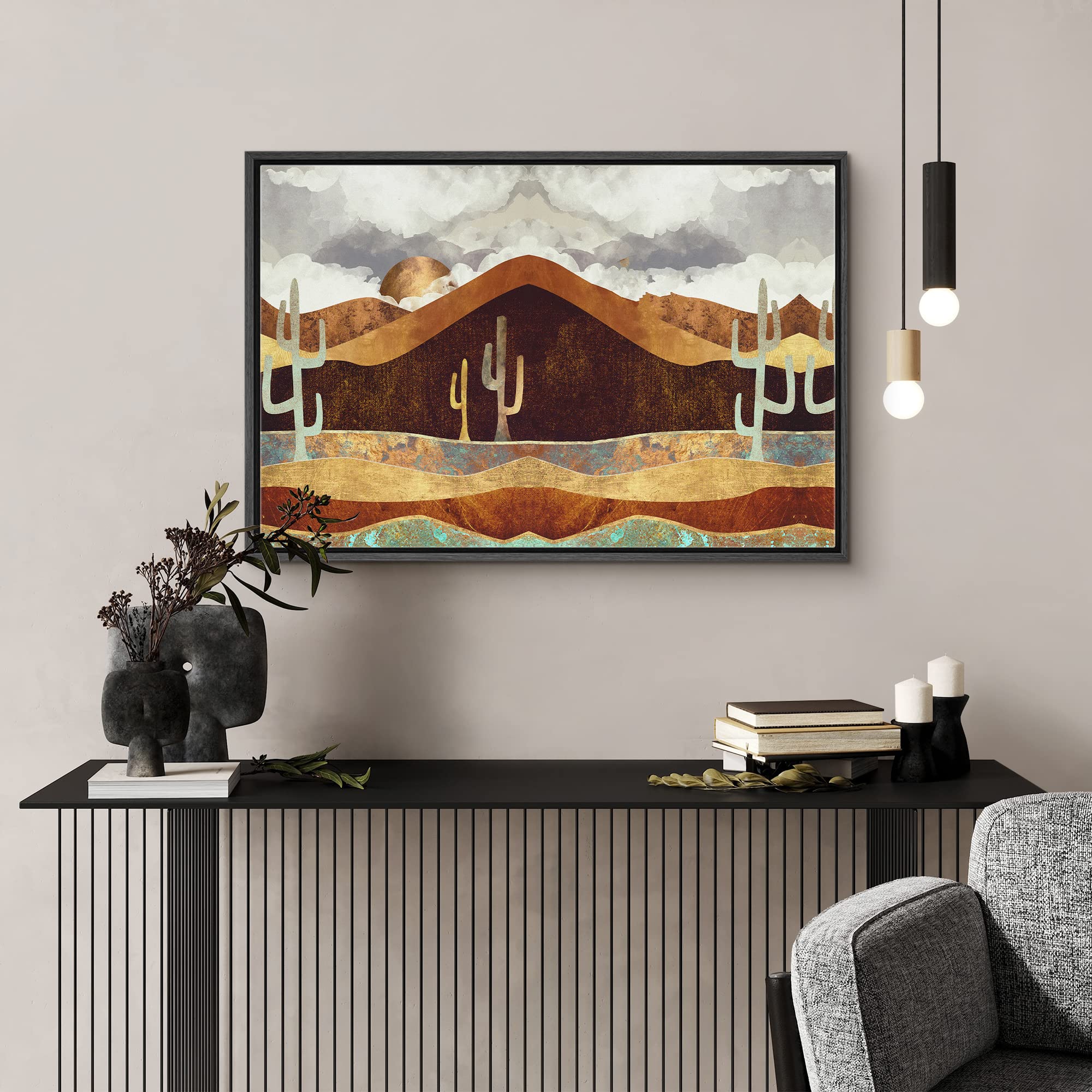 Signford Framed Canvas Print Wall Art Brown Desert Canyon With Cacti Abstract Wilderness Illustrations Modern Art Rustic Scenic