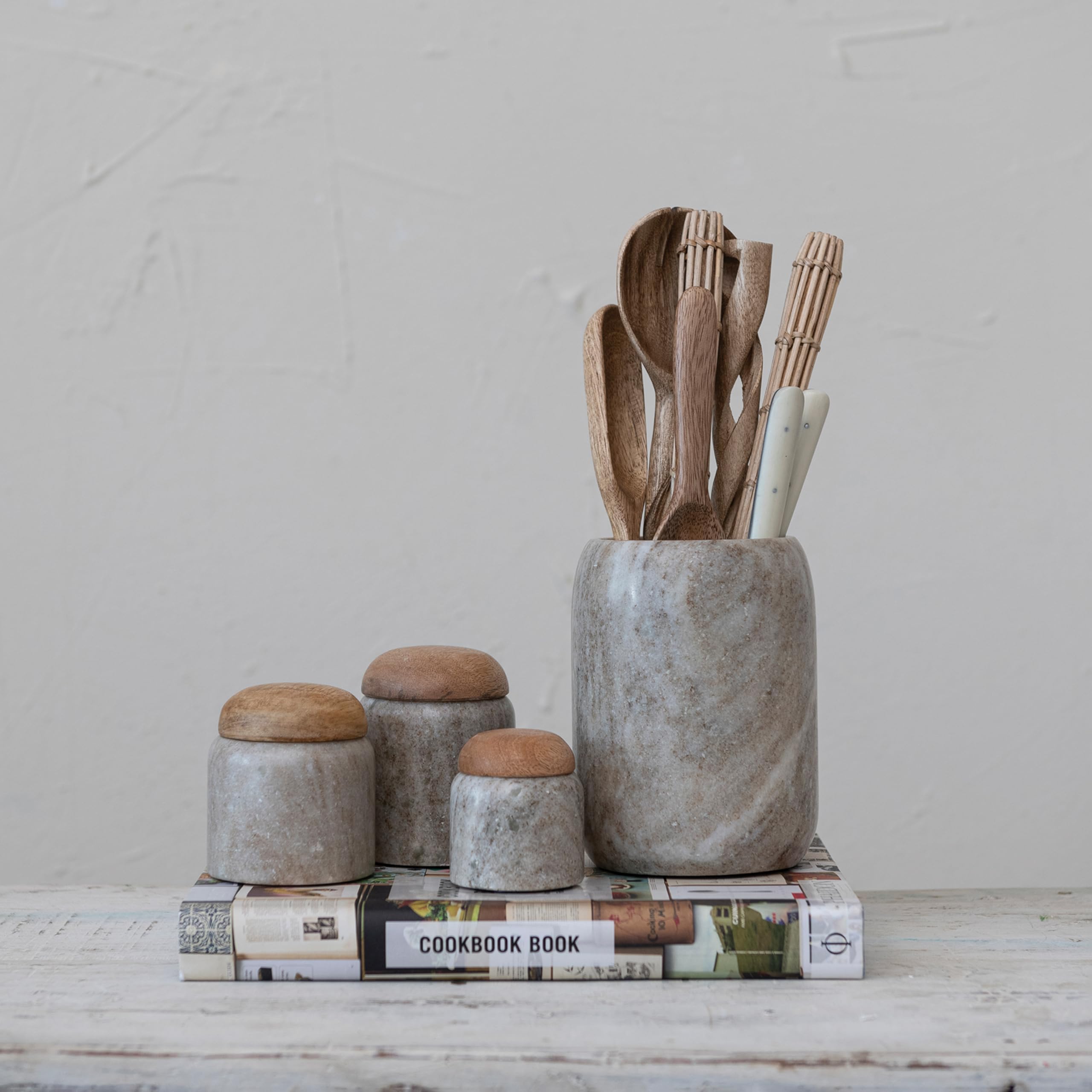 Creative Co-Op Modern Marble Canister With Wood Lid, Natural