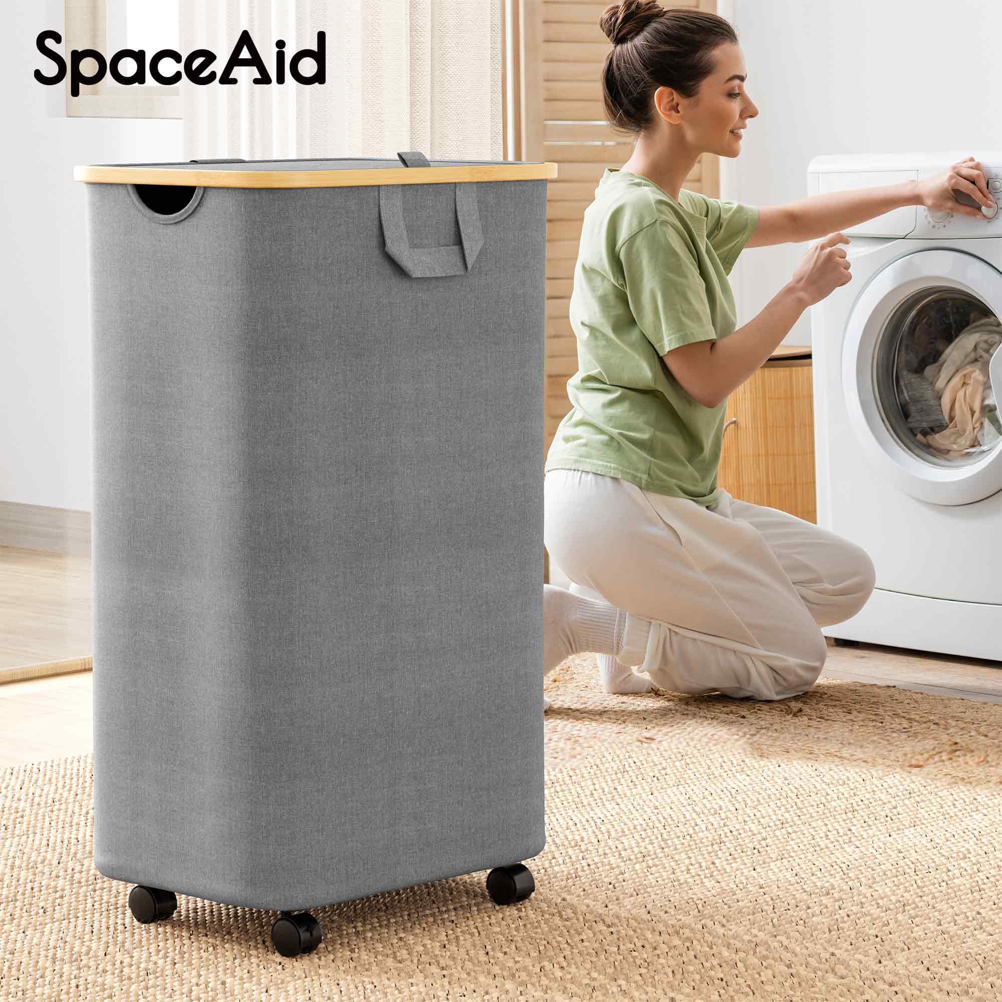SpaceAid Rolling Laundry Hamper, 26 Gal (100L), Grey, with Wheels & Bamboo Handle, Model LH-08R, Ideal for Bedroom & Laundry Room