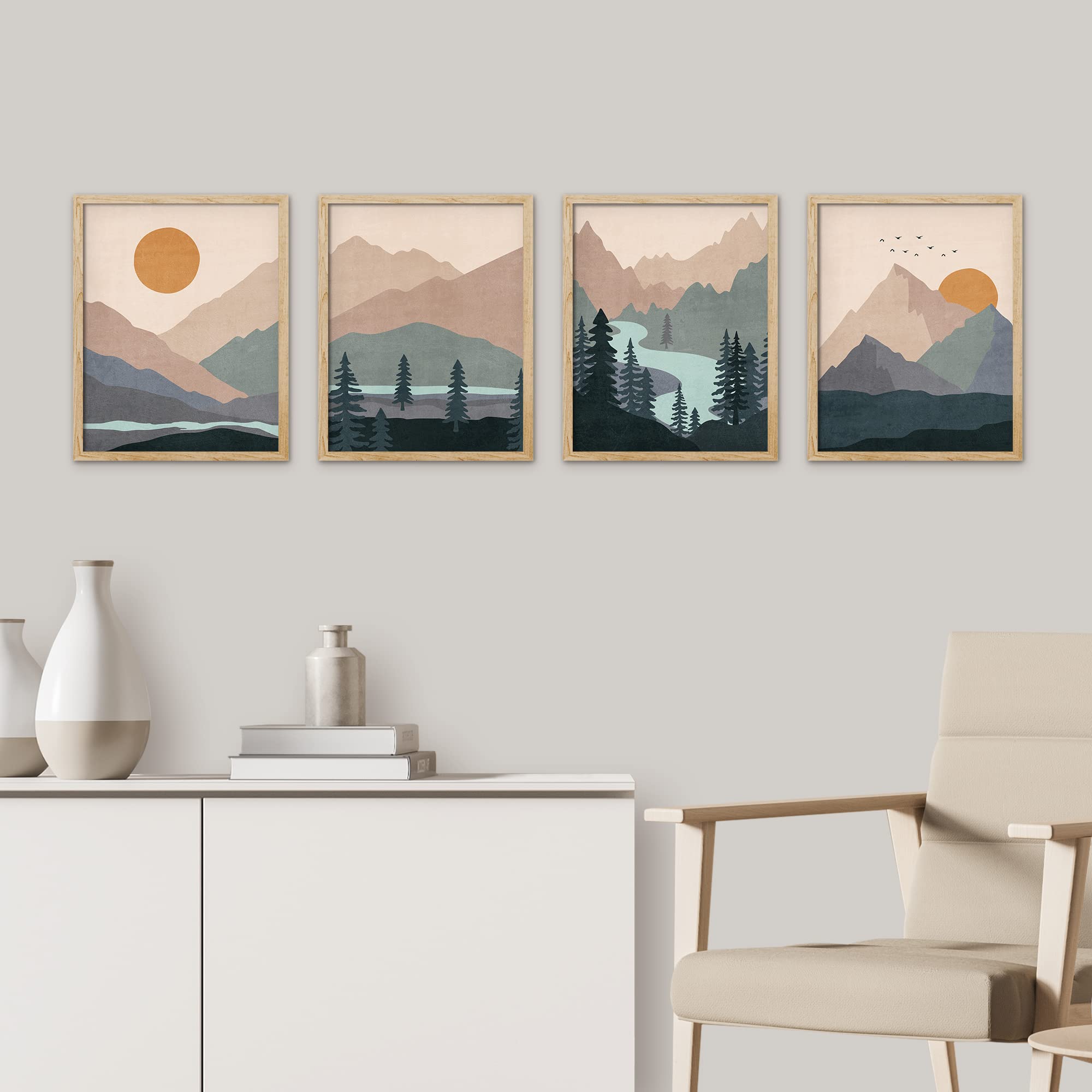 Signwin Framed Teal Orange Mountain Forest River Wall Art, Set Of 4 Landscape Wall Decor Prints, Wilderness Nature Wall D  Cor F