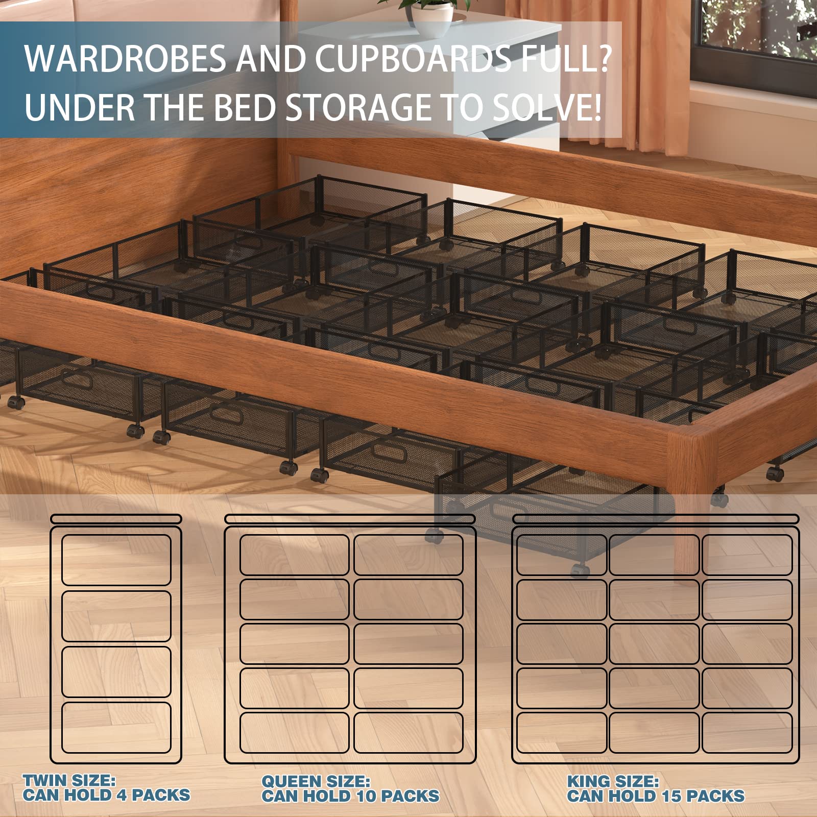 Under Bed Storage Containers, Under Bed Shoe Storage With Wheels, Foldable Bedroom Storage Organization with Handles, Under Bed