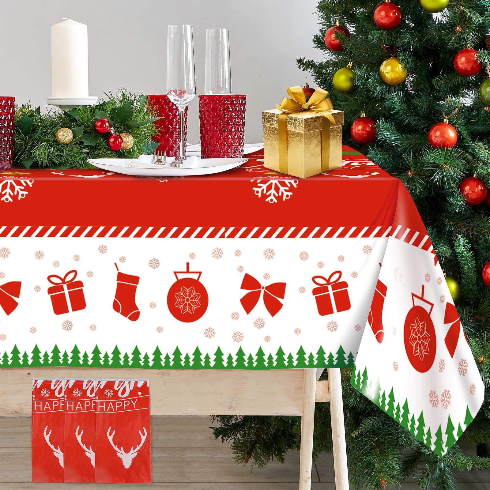 3 Pack Christmas Tablecloth, Disposable Plastic Christmas Table Cloth Rectangle 54X108 Inch, Christmas Tree Snowflake Bell Deer