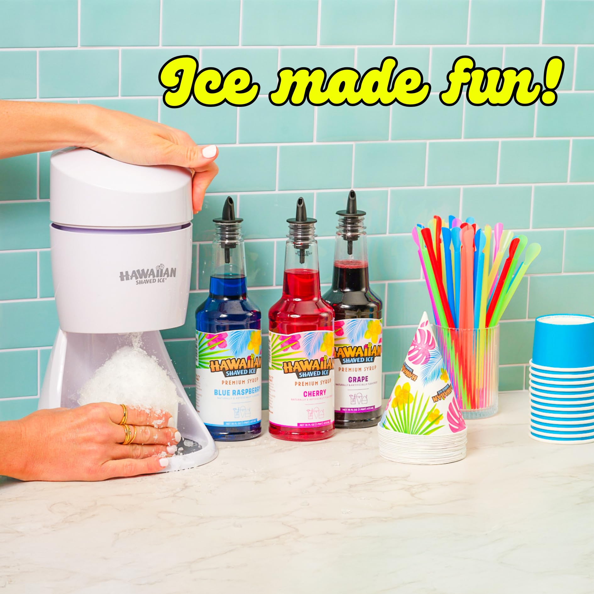 Hawaiian Shaved Ice S900A Shaved Ice and Snow Cone Machine with 6 Flavor Syrup Pack and Accessories