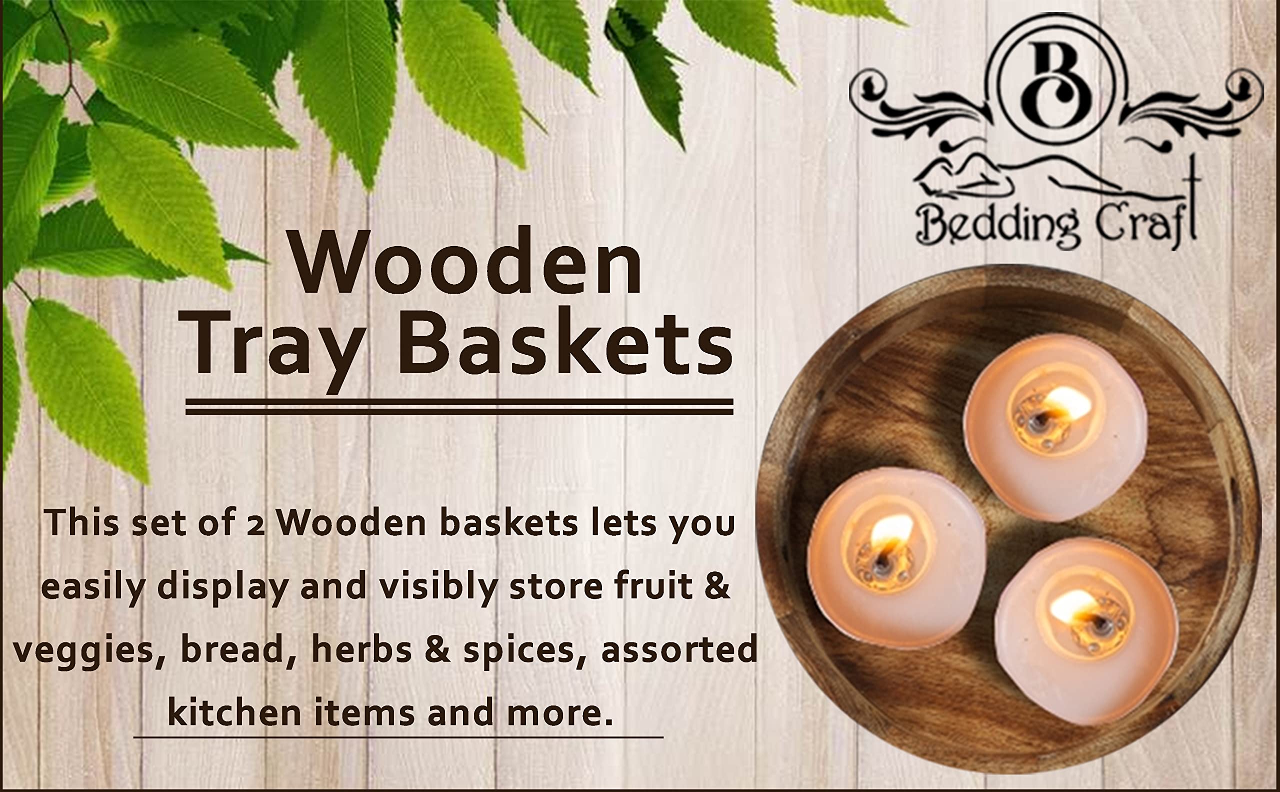 Bedding Craft Set Of 2 Countertop Wooden Fruit Tray Baskets Decorative Rustic Wood, Natural Burnt 12X12X1.5 - Perfect For Kitche