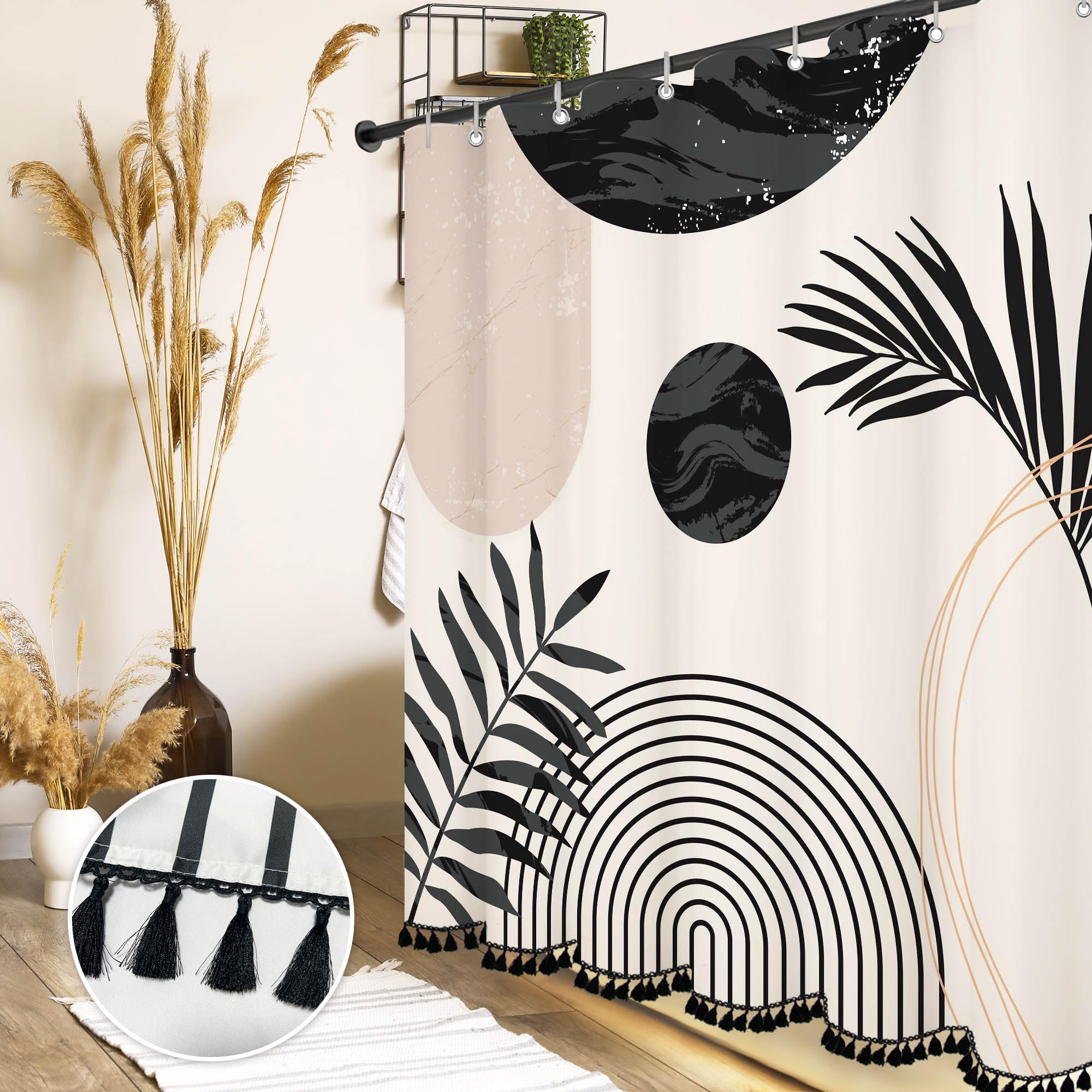 Giumsi 72'' X 78'' Boho Black And White Shower Curtain Sets,Mid-Century Design With Tassel Accents, Waterproof Polyester Bathroo