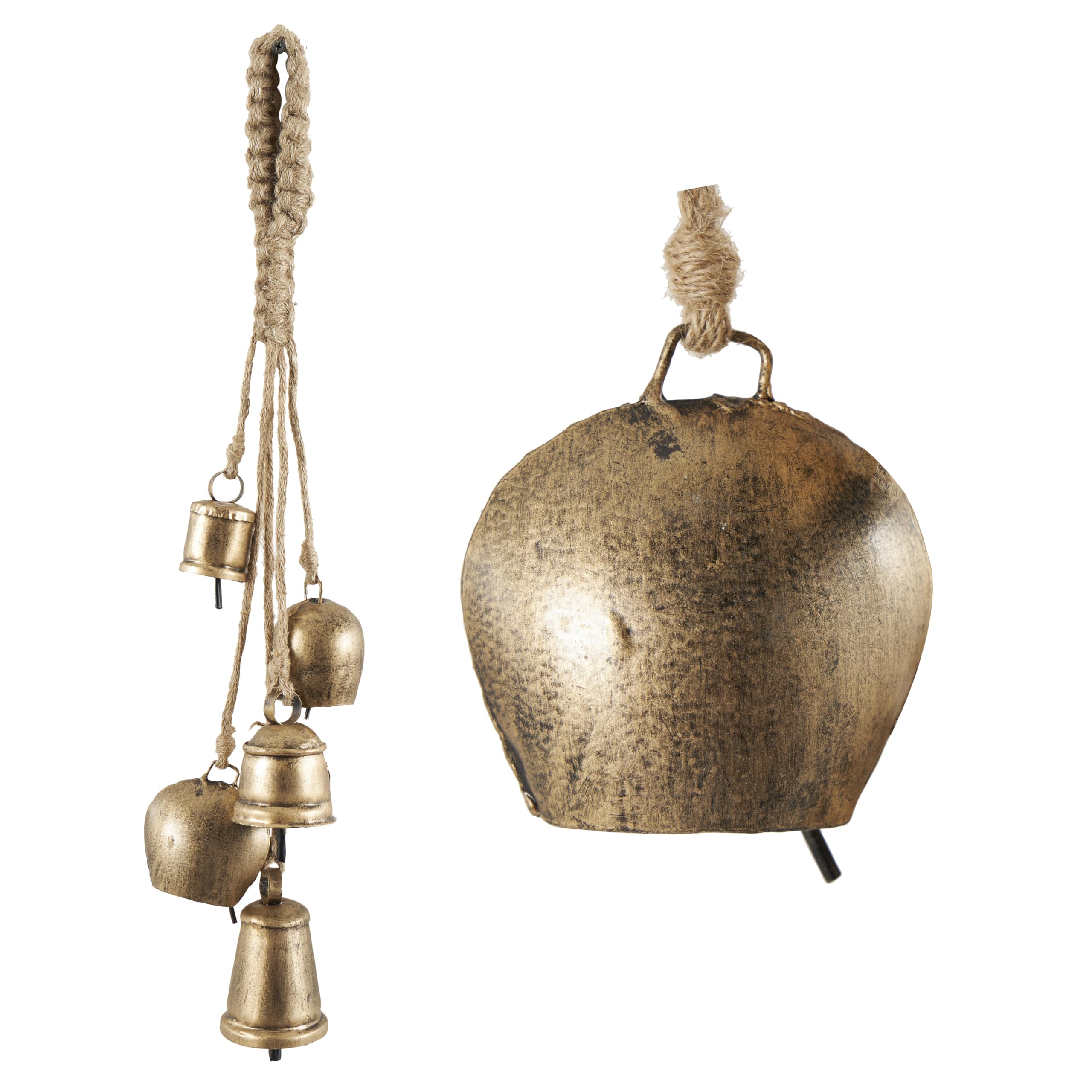 Deco 79 Metal Indoor Outdoor Decorative Cow Bells Tibetan Inspired Meditation Bell with 5 Bells on Jute Hanging Rope, Cow Bell 4