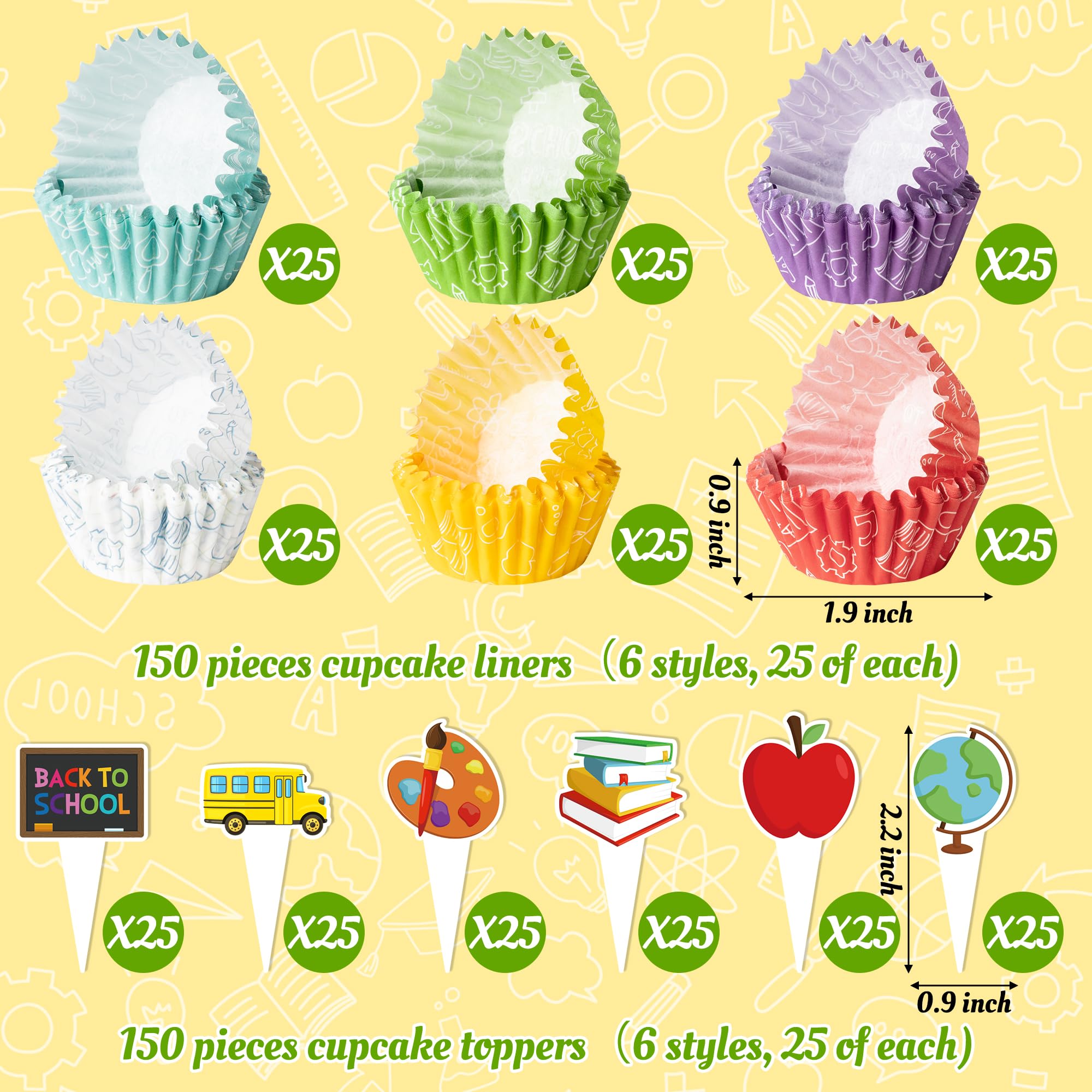 Cocnny 300Pcs Back To School Cupcake Liners, School Mini Cake Baking Cups, First Day Of School Cupcake Wrappers With Cupcake Top