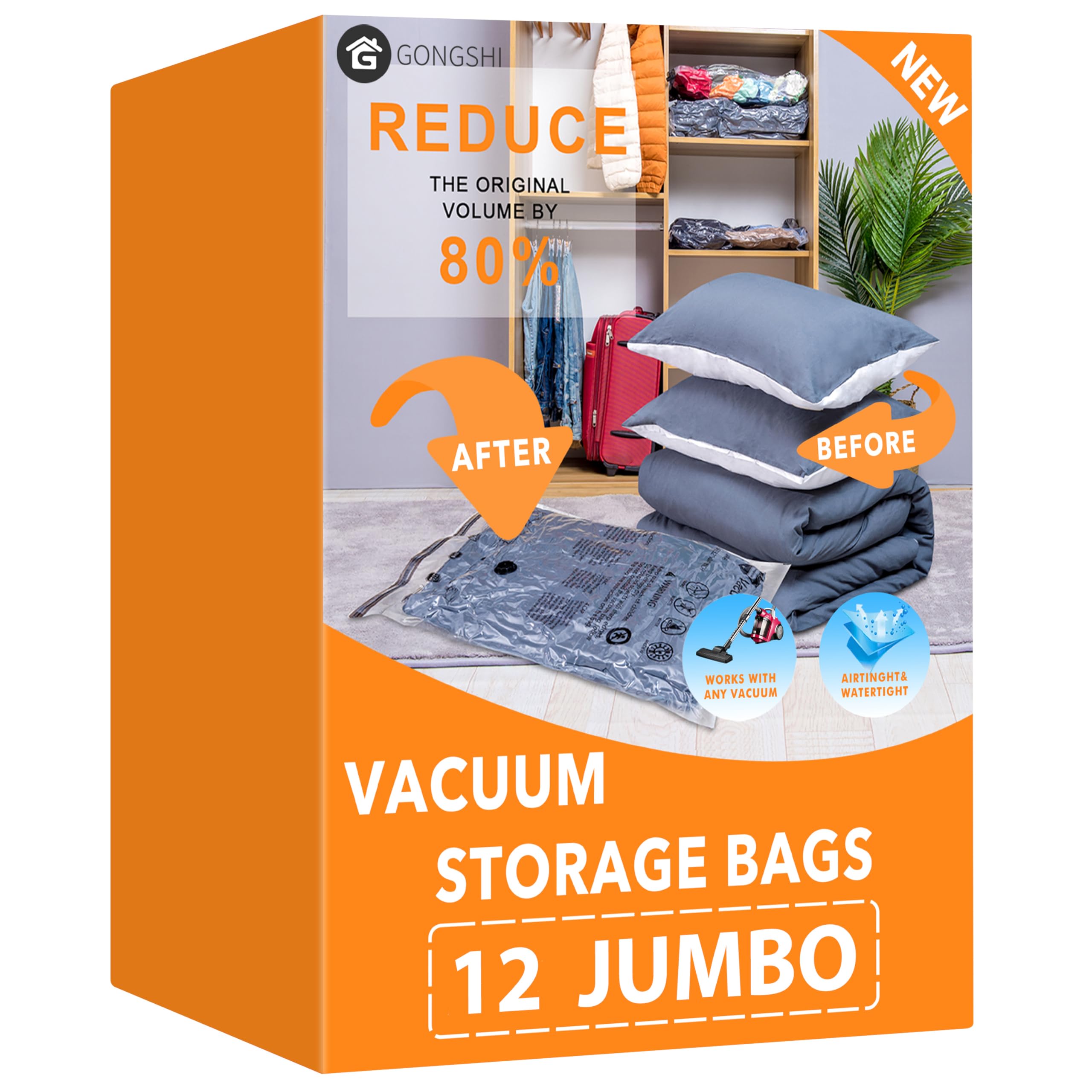 Vacuum Storage Bags Jumbo (12 X Jumbo), Space Saver Sealer Compression Bags For Blankets, Comforters, Pillows, Clothes Storage