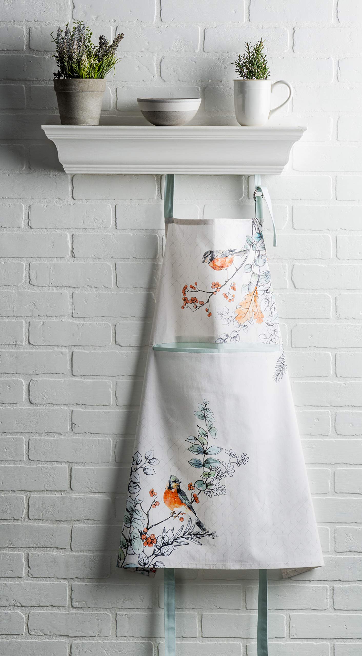 Maison D' Hermine Whitish Shabby Chique 100% Cotton 1 Piece Kitchen Apron With An Adjustable Neck & Hidden Centre Pocket With Lo