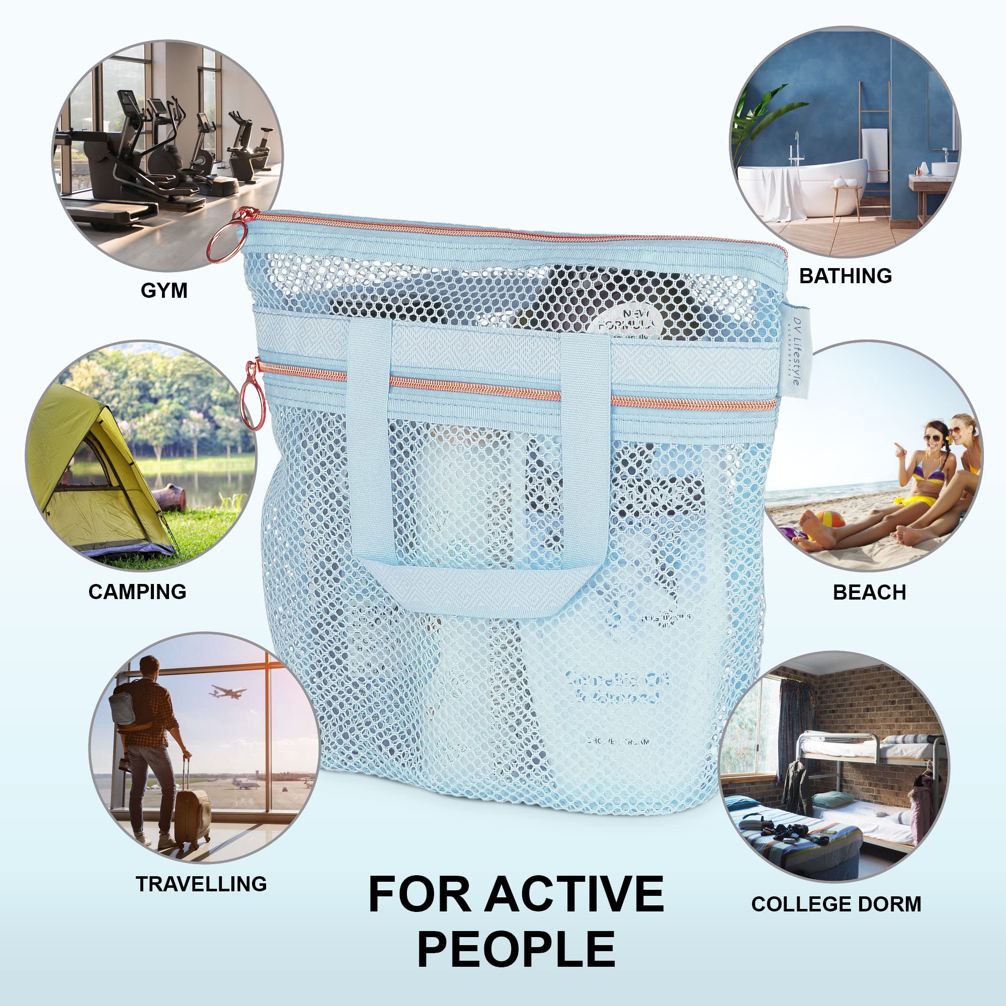 DV Lifestyle Mesh Shower Caddy Portable 10.2x9.9 ' ' Shower Bag with Zipper & 2 Pockets. Shower Tote Ideal for Gym  Travel  Camp  Beach  for Sunscreen  Dorm & College Essentials (Blue)