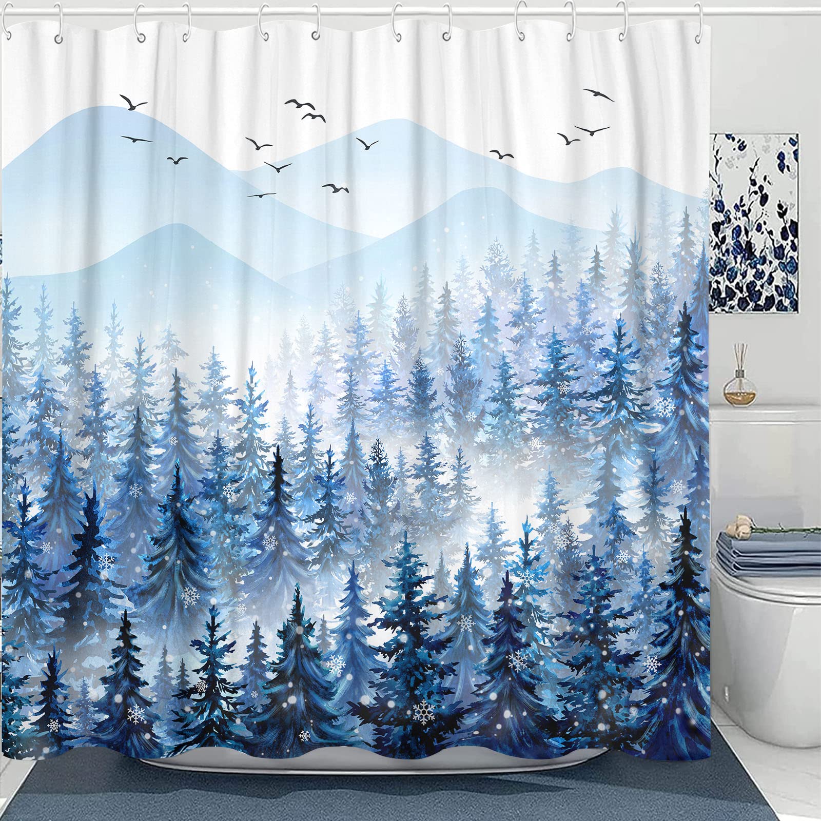 Accnicc Christmas Shower Curtain Set Winter Misty Forest Waterproof Fabric Shower Curtains for Bathroom Blue White Nature Snowflake Xmas Tree Mountain Bath Curtain Decor (Ice Blue  72''