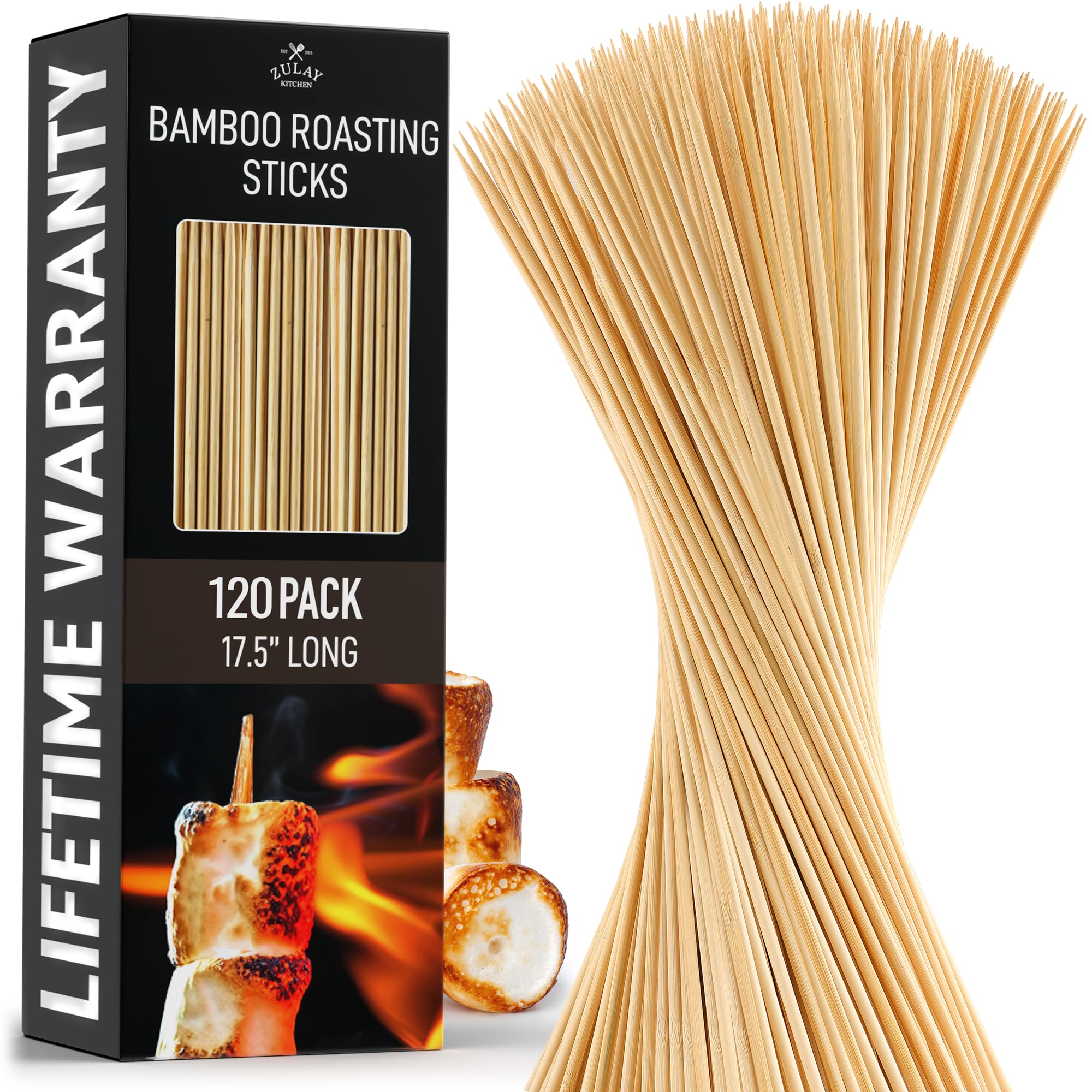 Zulay 120 Pack Bamboo Wooden Skewers - 17.5'' Marshmallow Roasting Sticks & Barbeque Skewers For Campfire - Authentic Bamboo Sti
