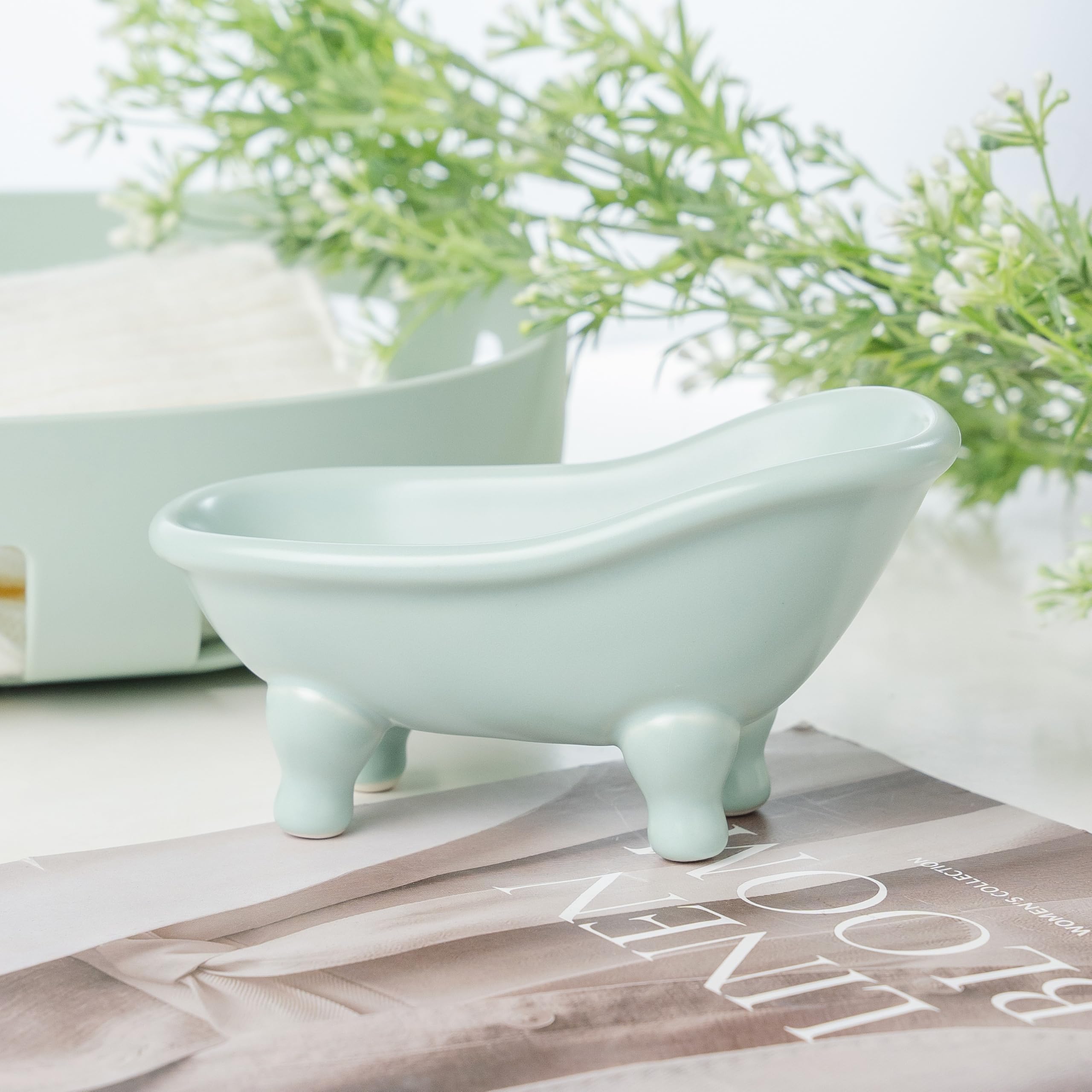 5.6'' Ceramic Mini Bathtub Soap Dish Decortative Clawfoot Bathroom Soap Dish (Green)