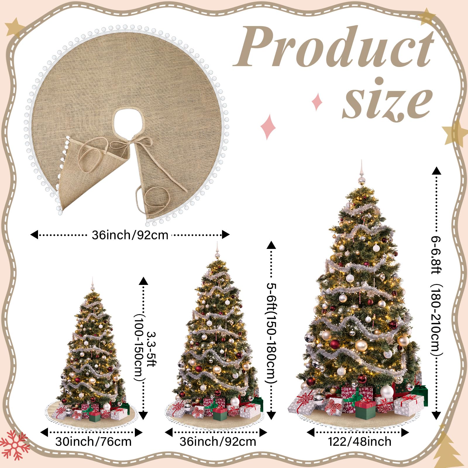 Syhood 36 Inch Christmas Tree Skirt Khaki Christmas Linen Burlap Tree Skirt Base Cover with Pom Trim for Xmas Winter Home Decora