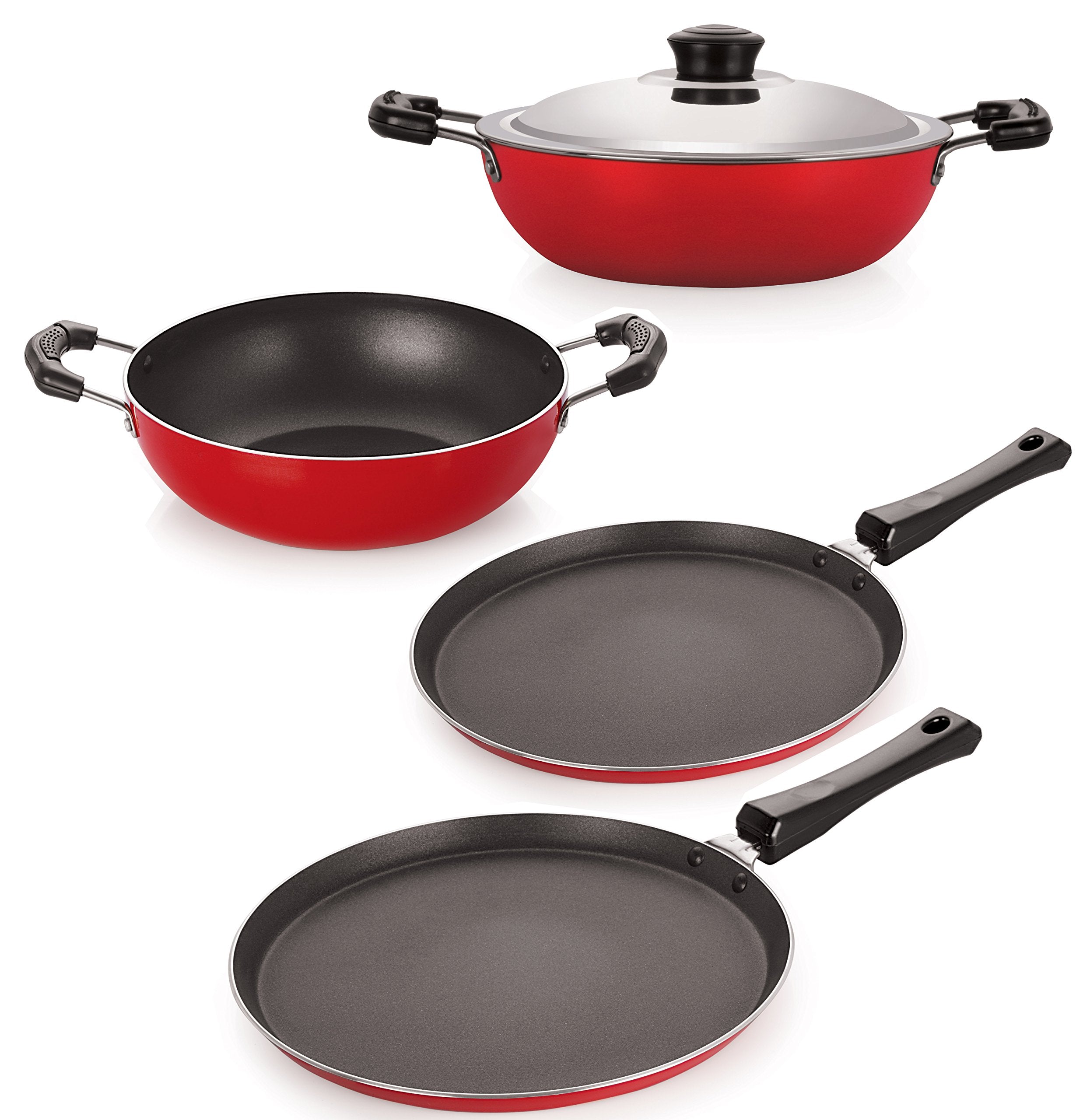 Nirlon NonStick Aluminium Cookware Set, 4Pieces, Red (Ft13_Kd13_Dkdm_Ft10)