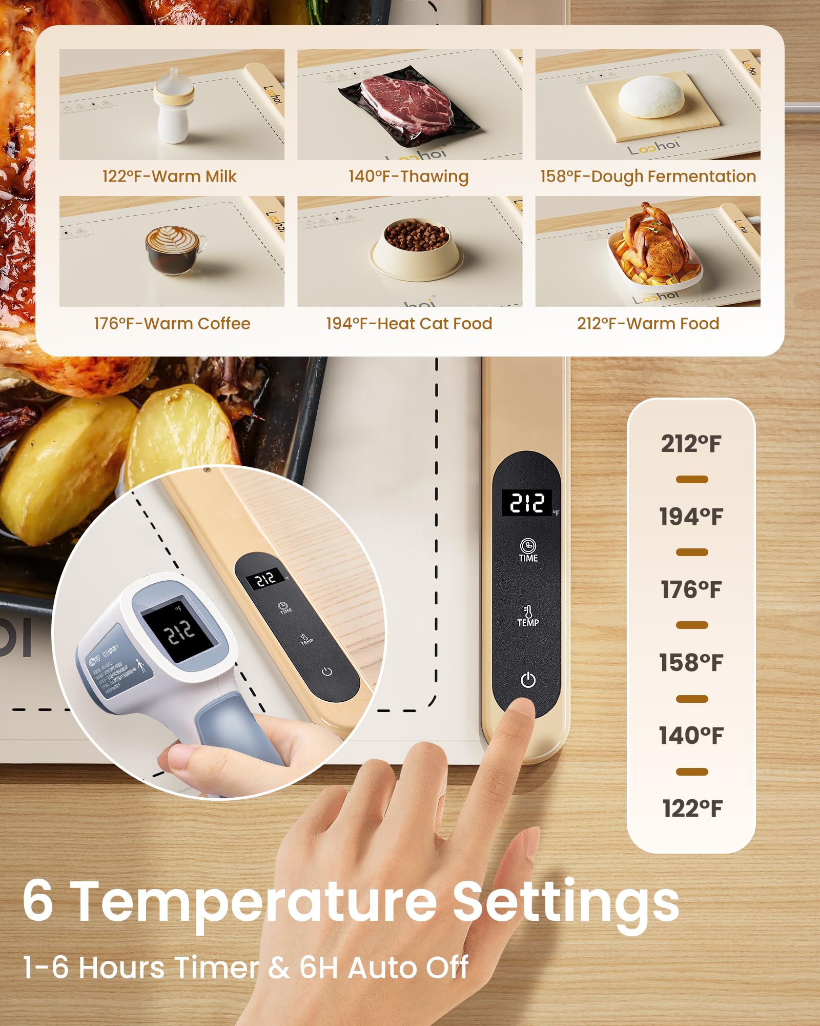 Loohoi Food Warming Mat,Full Surface Heating Electric Warming Tray With 6 Temperature Settings & Fast Heating, Silicone Roll Up