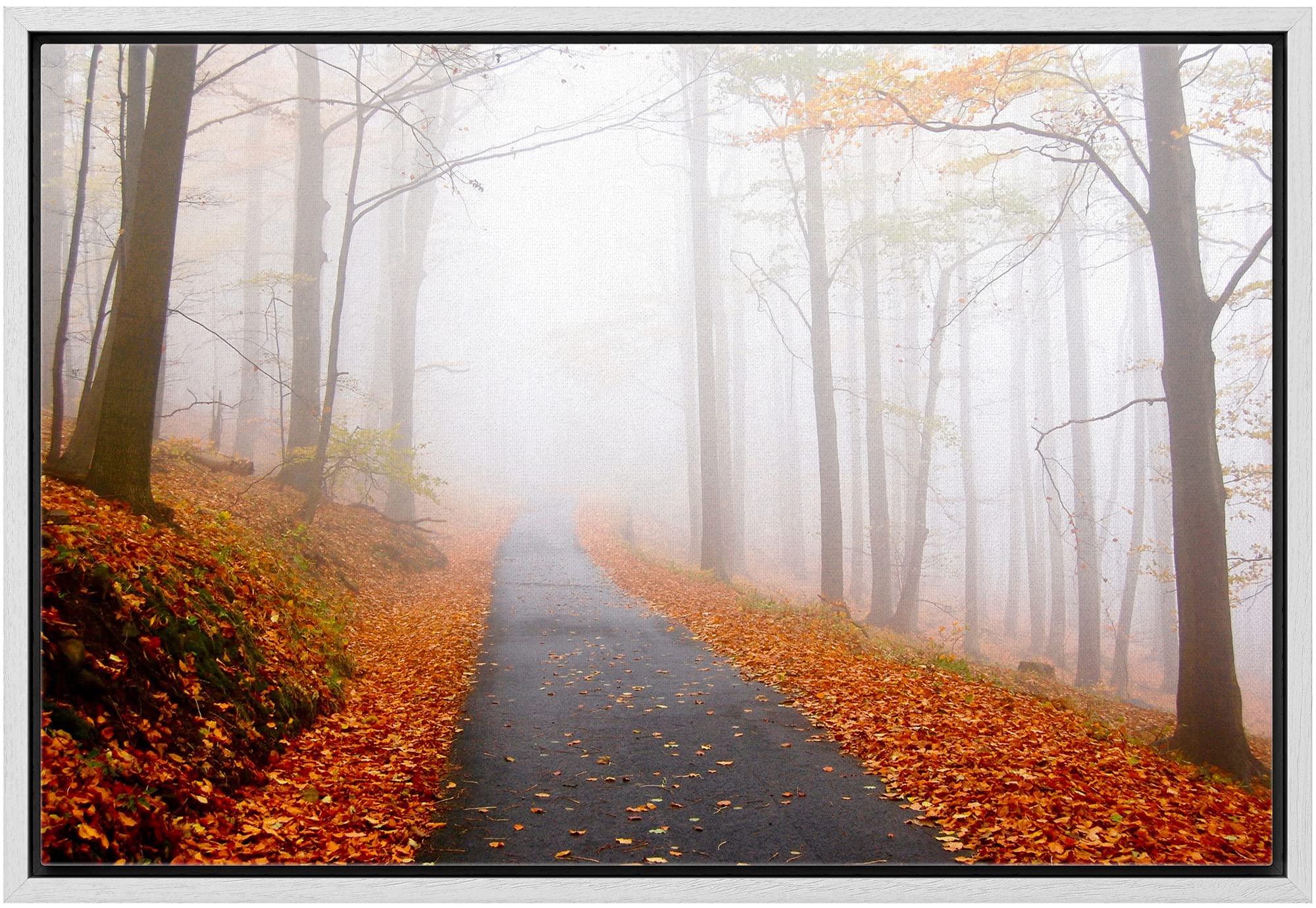 Wall26 Framed Canvas Print Wall Art Foggy Autumn Forest Path With Orange Leaves Nature Wilderness Photography Modern Art Rustic