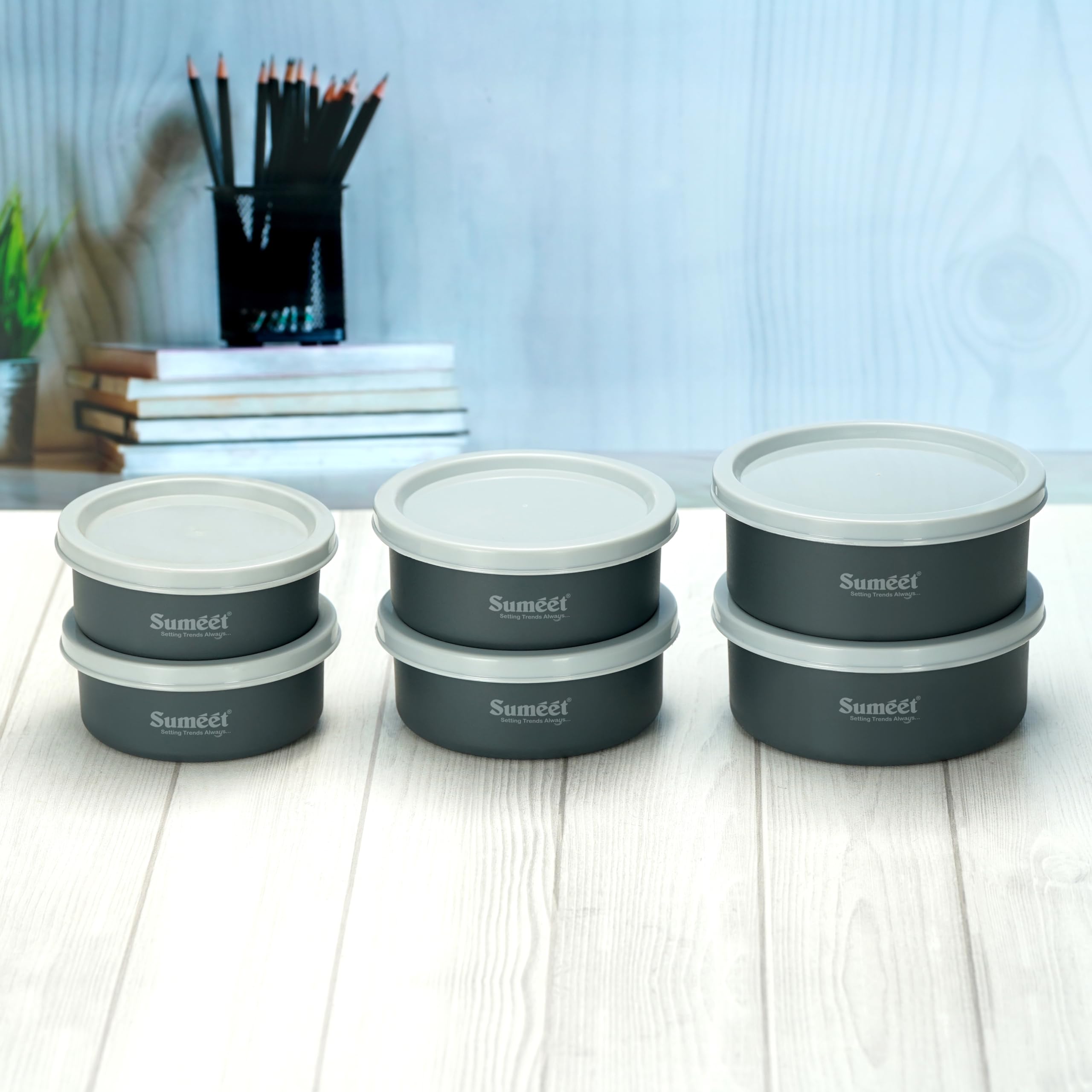 Sumeet Microwave Safe Stainless Steel Air Tight & Leak Proof Lunch Boxes Storage Containers With Lids For Kitchen Office School  240Ml  320Ml  420Ml  Set Of 6  Grey